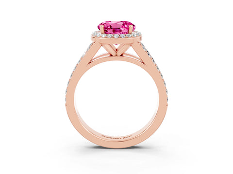 Rose gold Round Cut Pink Sapphire Split Shank Halo Ring with Four-Prong Setting_15