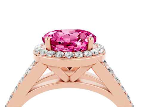 Rose gold Round Cut Pink Sapphire Split Shank Halo Ring with Four-Prong Setting_16