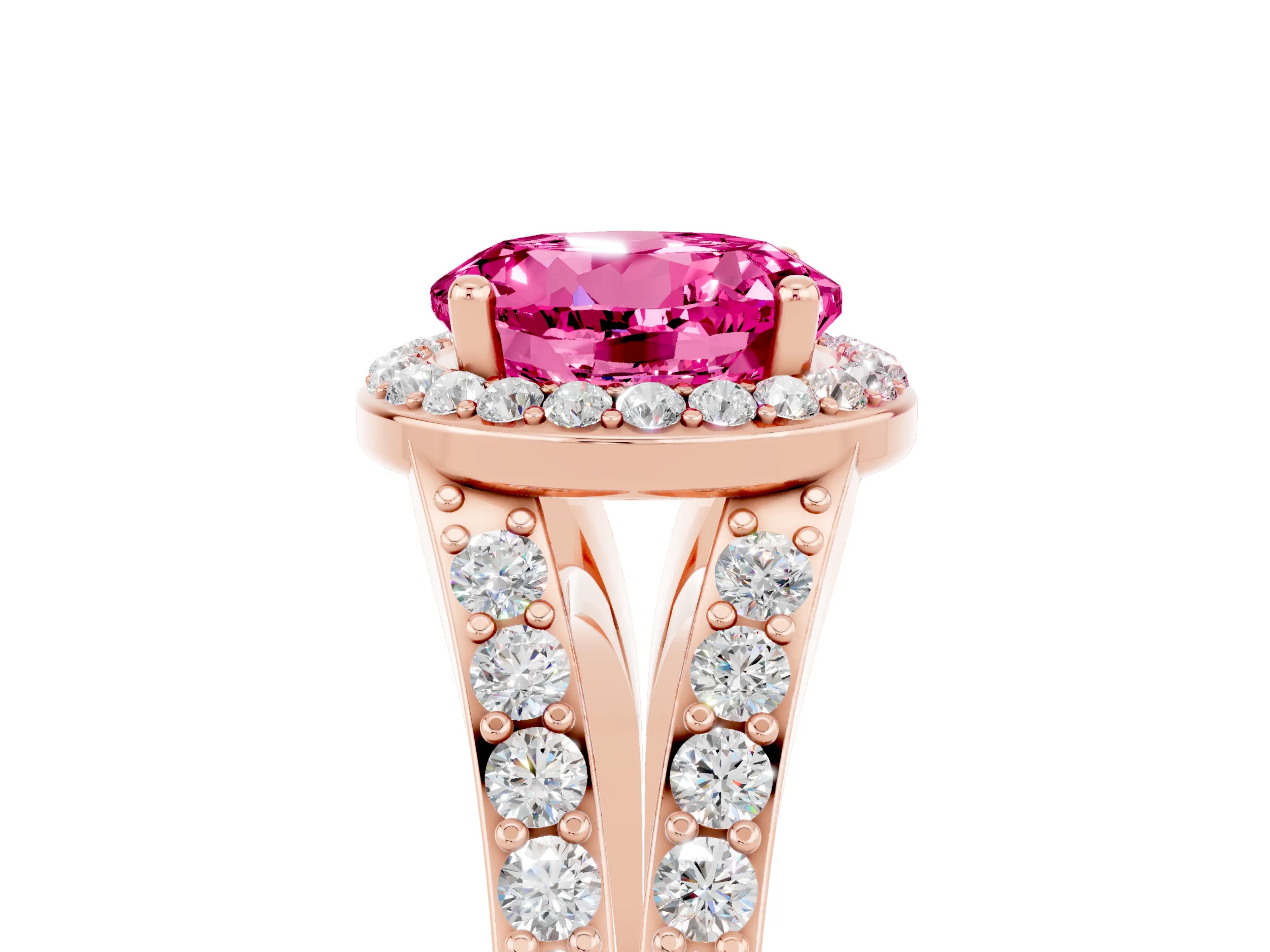 Rose gold Round Cut Pink Sapphire Split Shank Halo Ring with Four-Prong Setting_17