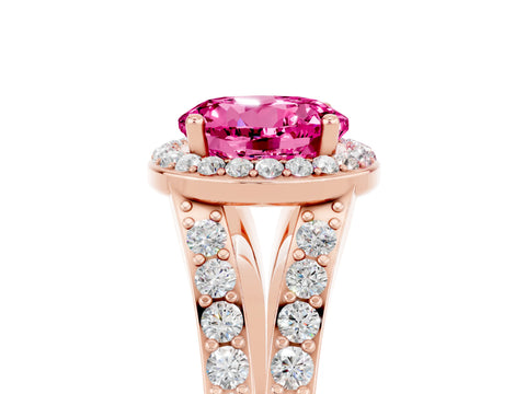 Rose gold Round Cut Pink Sapphire Split Shank Halo Ring with Four-Prong Setting_17