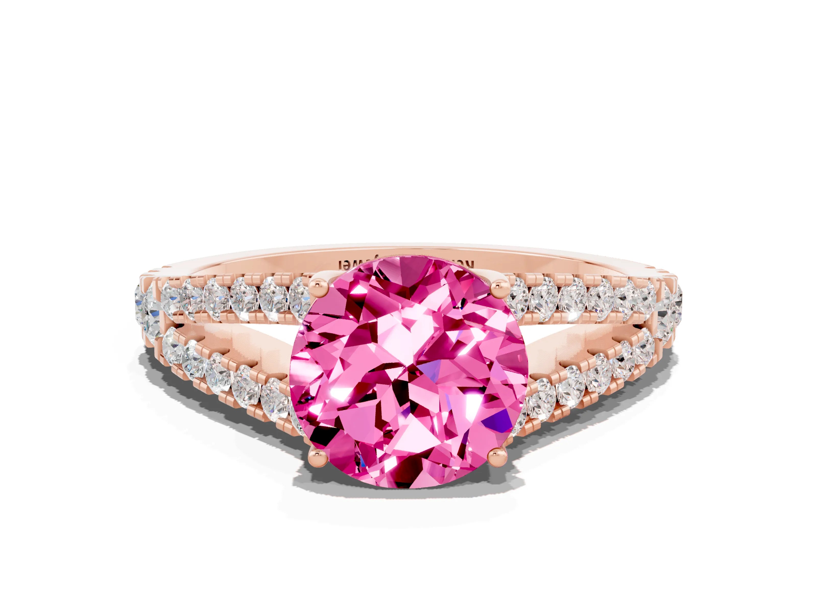 Rose gold Round Cut Pink Sapphire Split Shank Pavé Engagement Ring with Four-Prong Setting_12