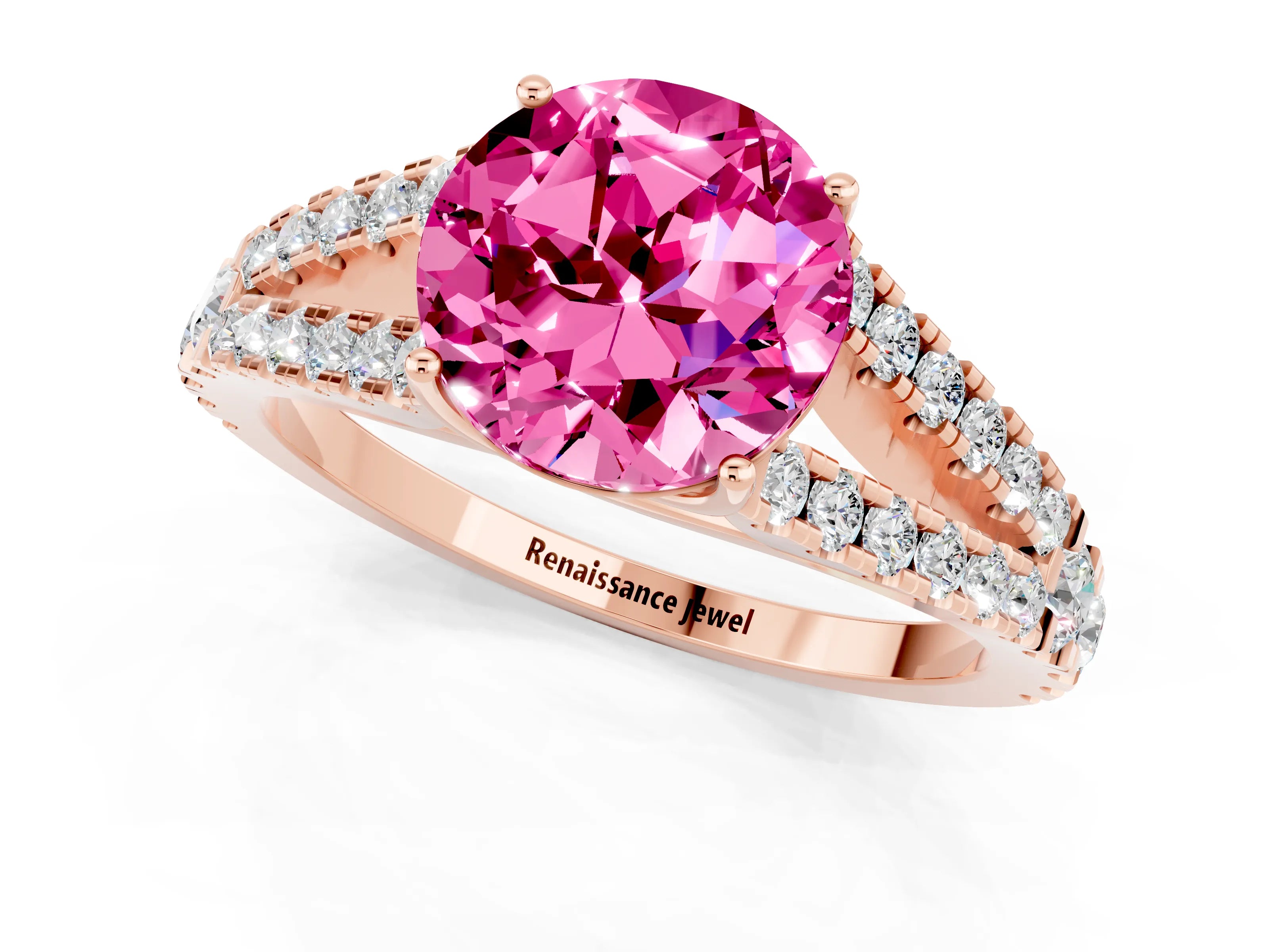 Rose gold Round Cut Pink Sapphire Split Shank Pavé Engagement Ring with Four-Prong Setting_13