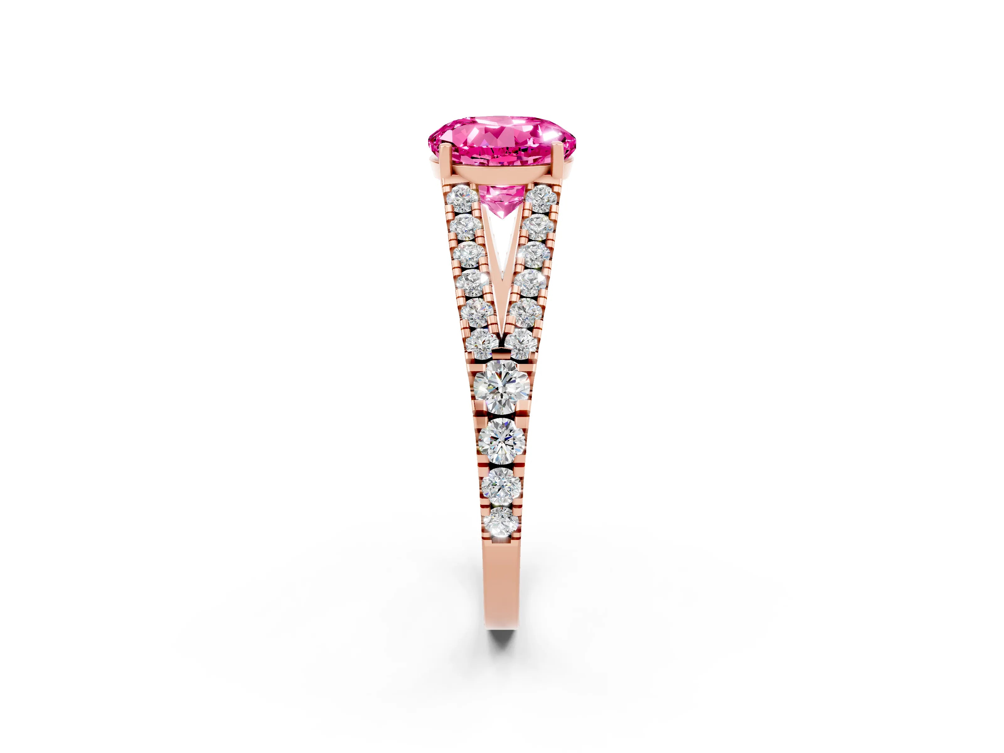 Rose gold Round Cut Pink Sapphire Split Shank Pavé Engagement Ring with Four-Prong Setting_14
