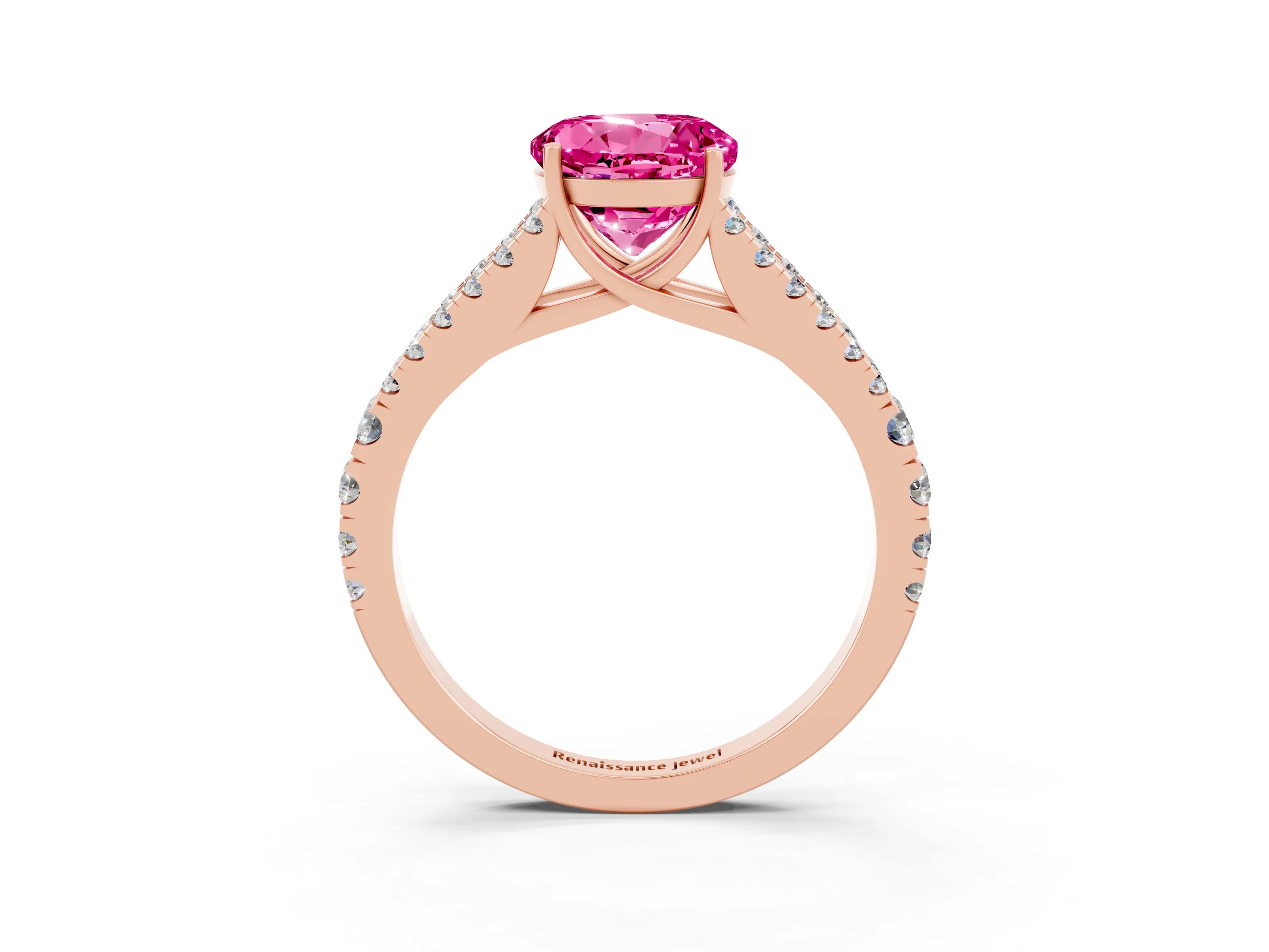 Rose gold Round Cut Pink Sapphire Split Shank Pavé Engagement Ring with Four-Prong Setting_15
