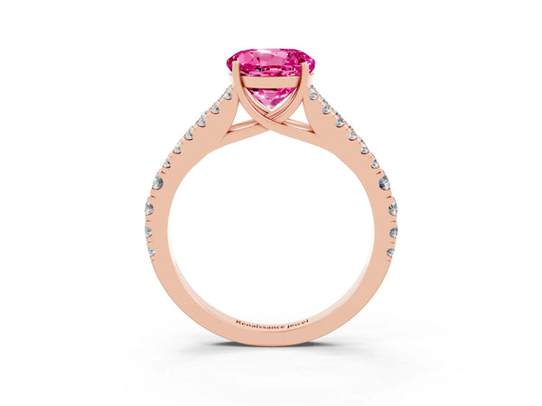 Rose gold Round Cut Pink Sapphire Split Shank Pavé Engagement Ring with Four-Prong Setting