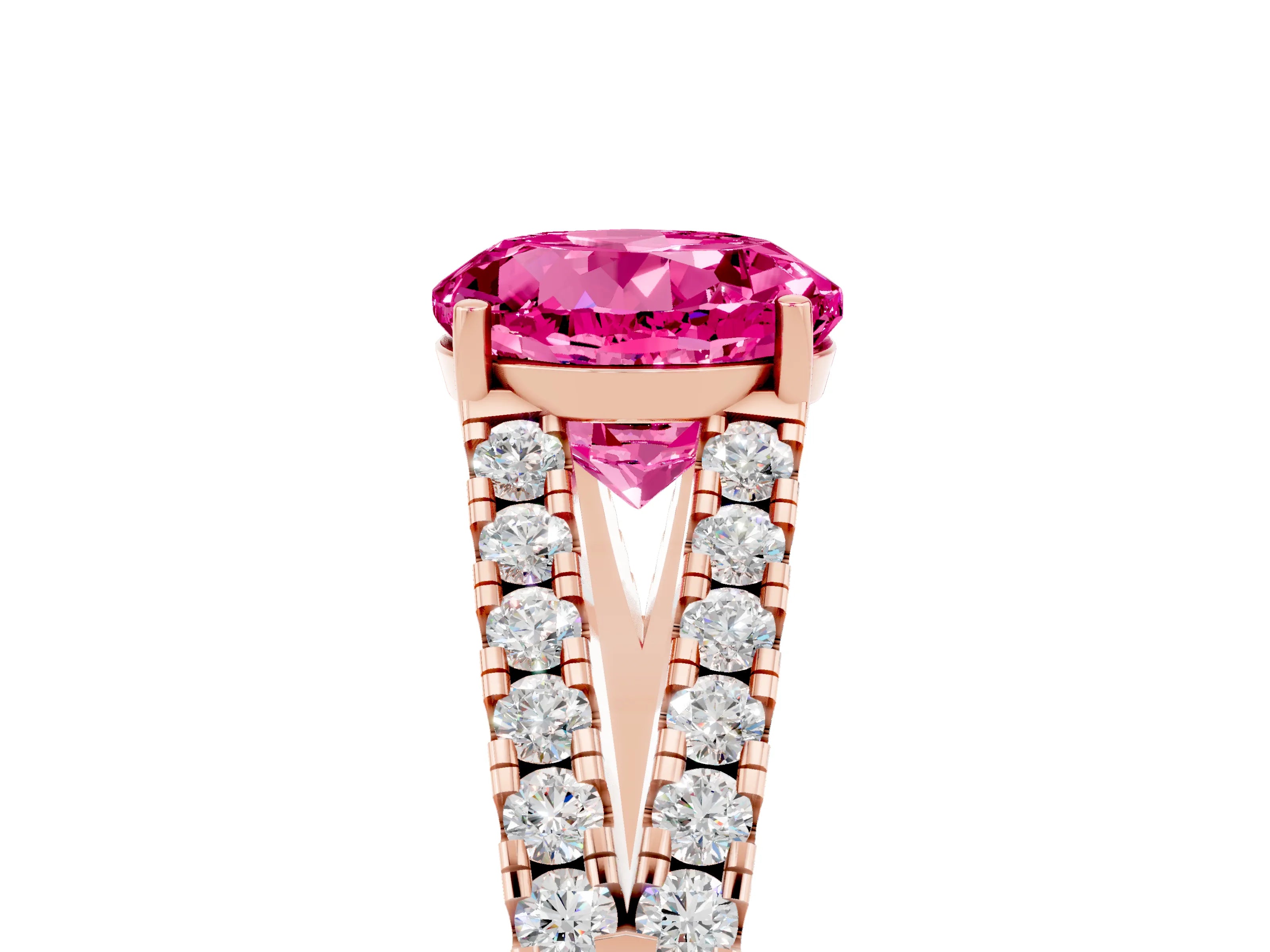 Rose gold Round Cut Pink Sapphire Split Shank Pavé Engagement Ring with Four-Prong Setting_17