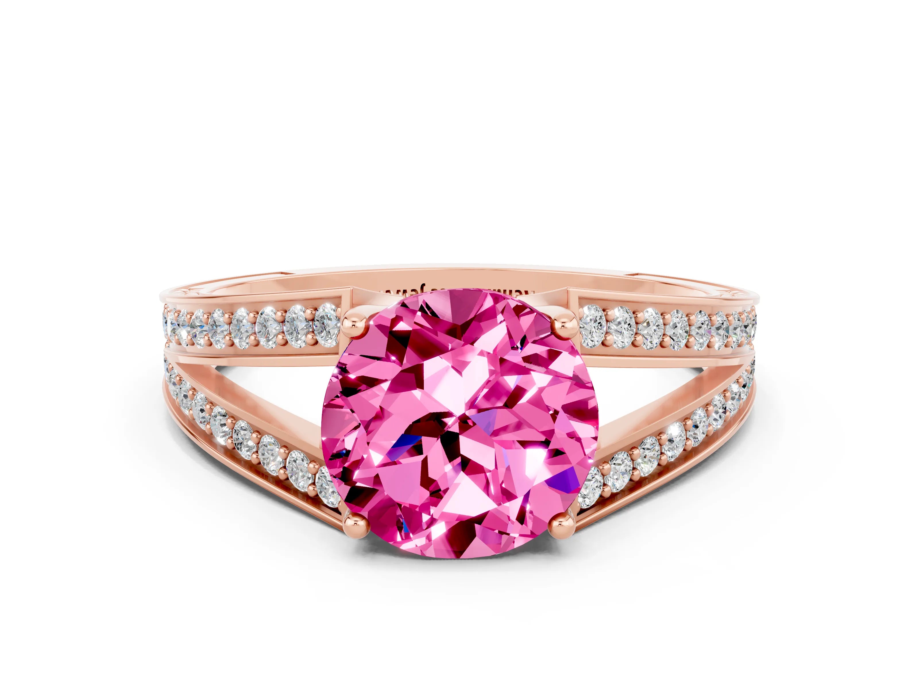 Rose gold Round Cut Pink Sapphire Split Shank Ring with Pavé Band and Four-Prong Setting