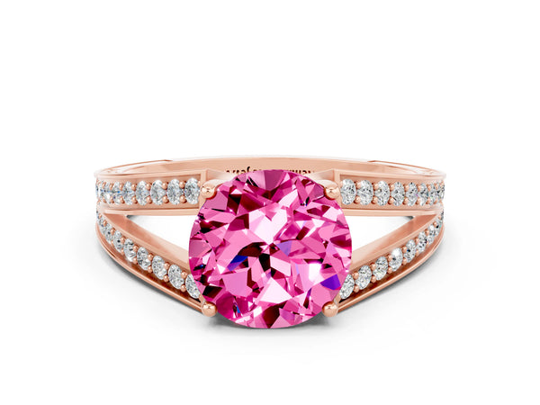Rose gold Round Cut Pink Sapphire Split Shank Ring with Pavé Band and Four-Prong Setting