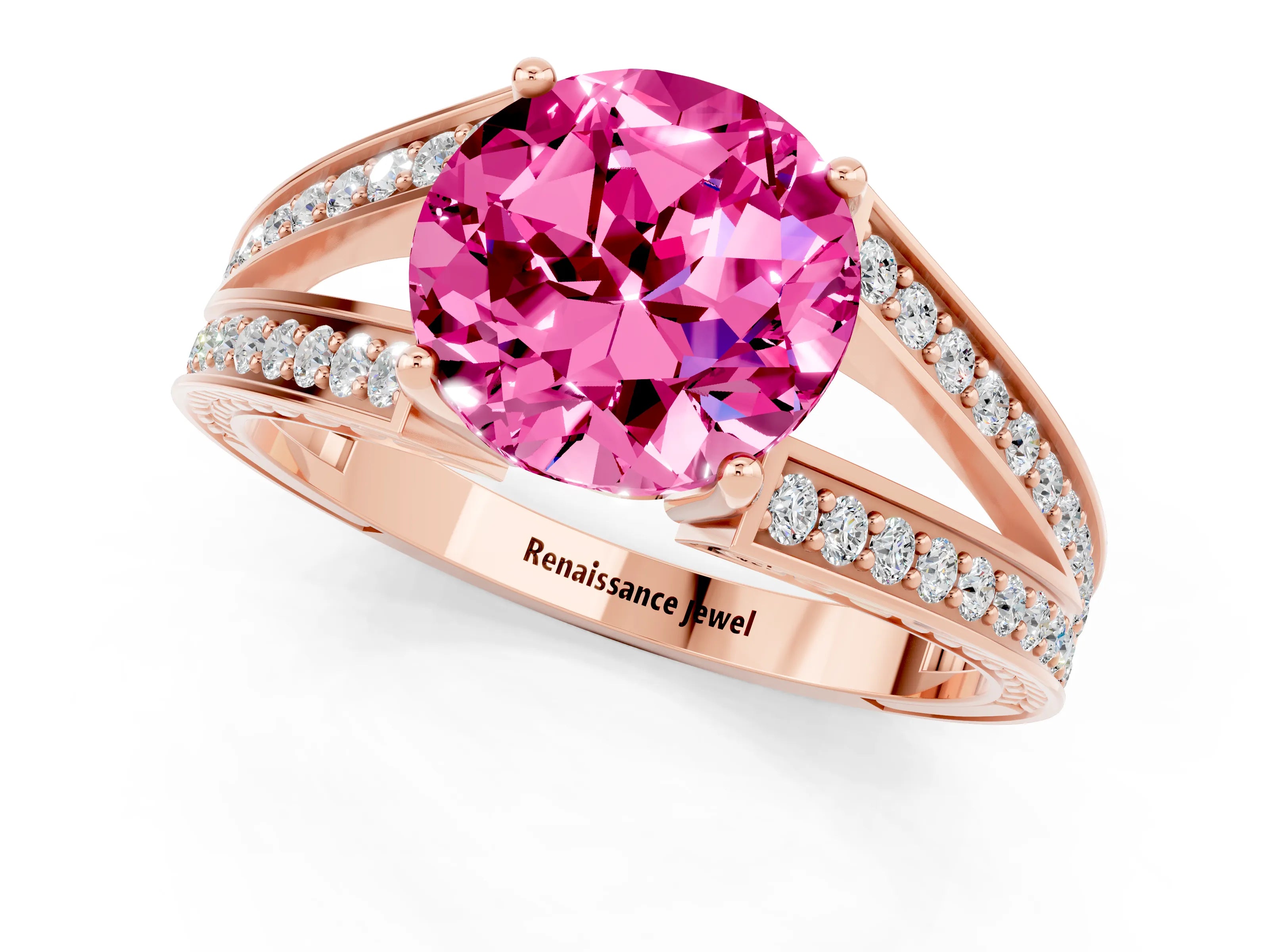 Rose gold Round Cut Pink Sapphire Split Shank Ring with Pavé Band and Four-Prong Setting_1