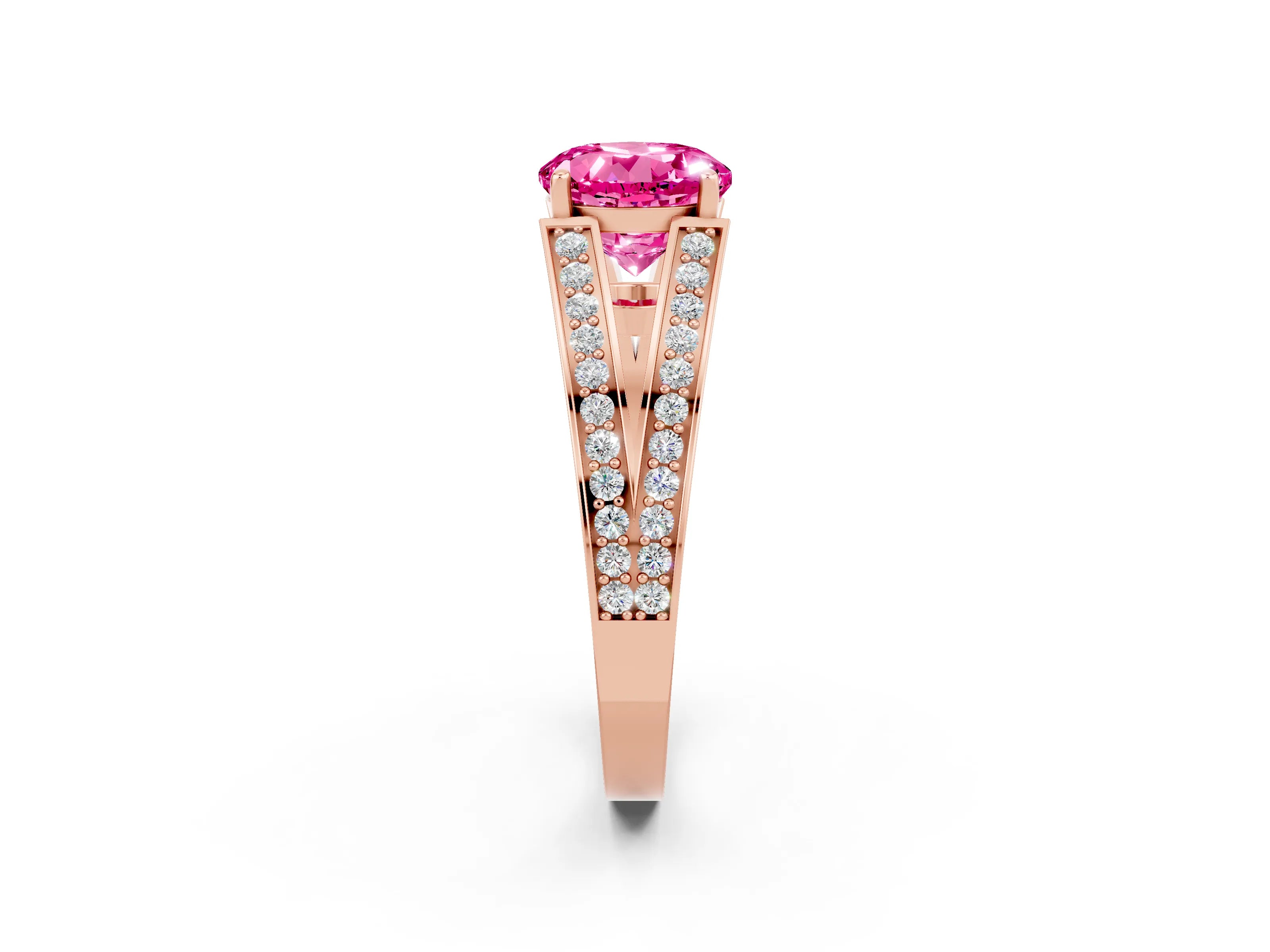 Rose gold Round Cut Pink Sapphire Split Shank Ring with Pavé Band and Four-Prong Setting_2