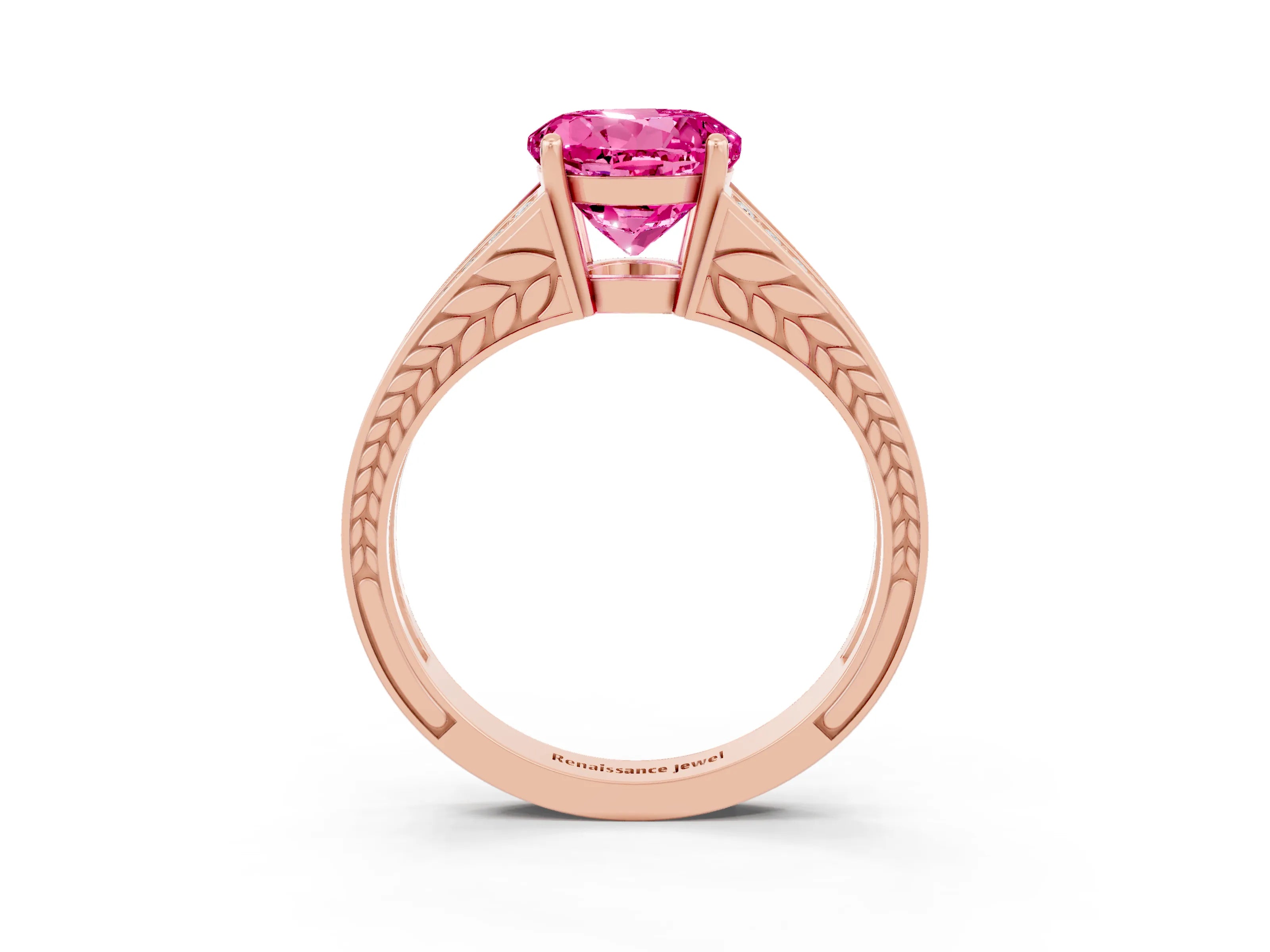 Rose gold Round Cut Pink Sapphire Split Shank Ring with Pavé Band and Four-Prong Setting_3