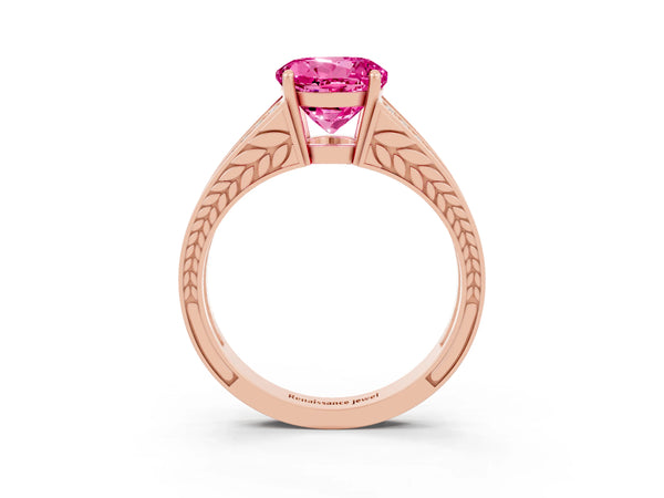 Rose gold Round Cut Pink Sapphire Split Shank Ring with Pavé Band and Four-Prong Setting