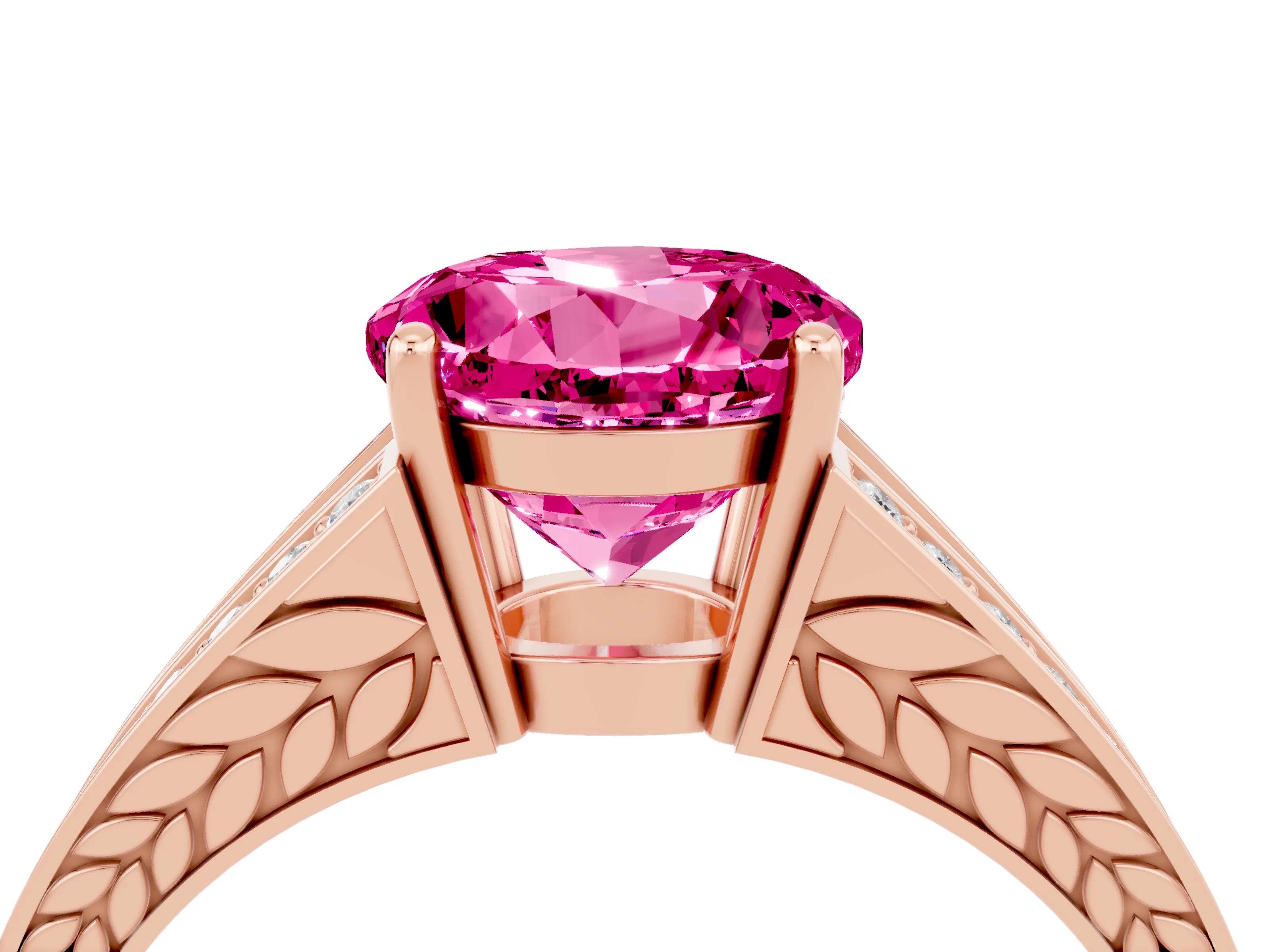 Rose gold Round Cut Pink Sapphire Split Shank Ring with Pavé Band and Four-Prong Setting_4