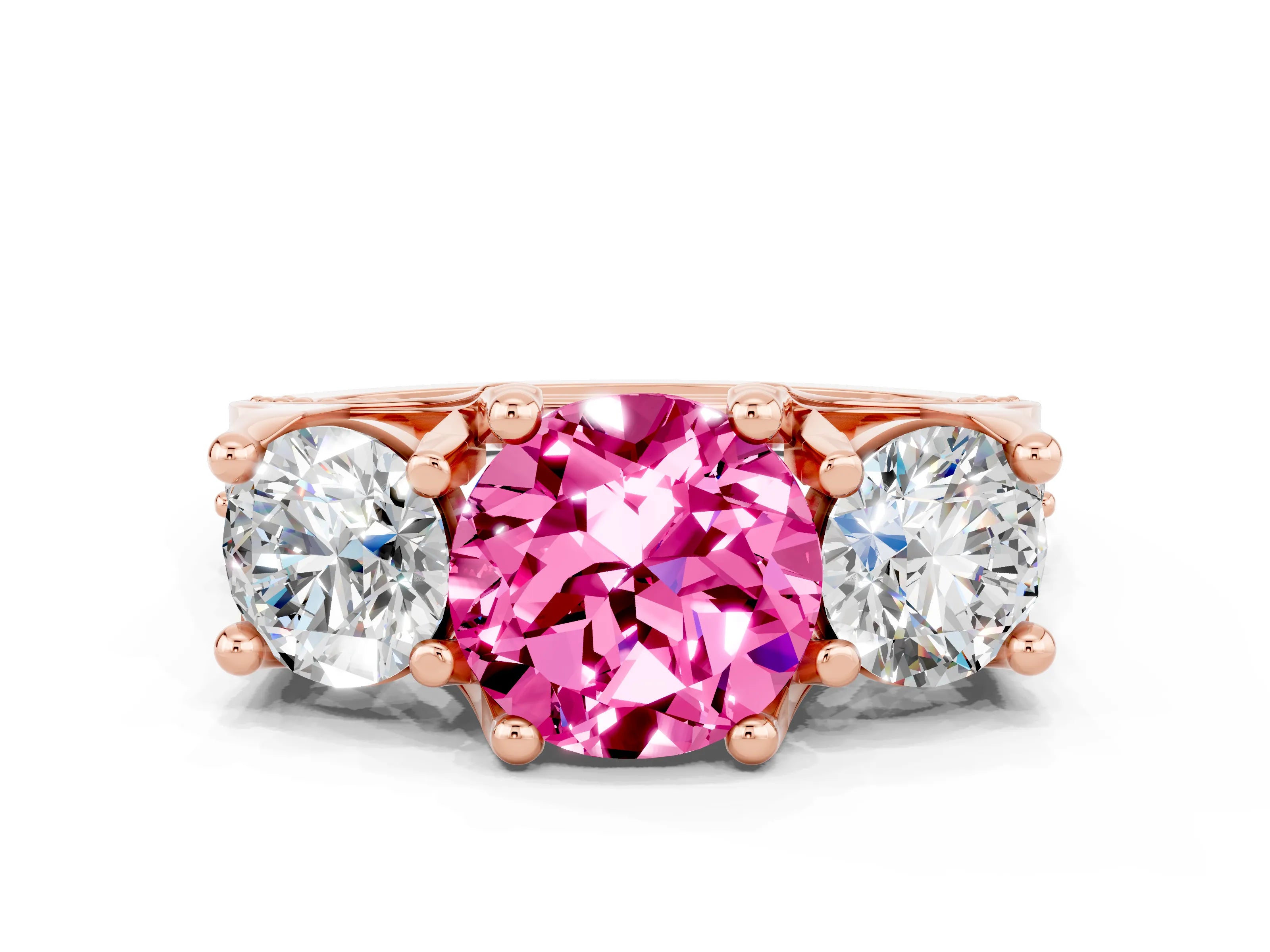 Rose gold Round Cut Pink Sapphire Three-Stone Ring with Channel Set Band and Four-Prong Setting