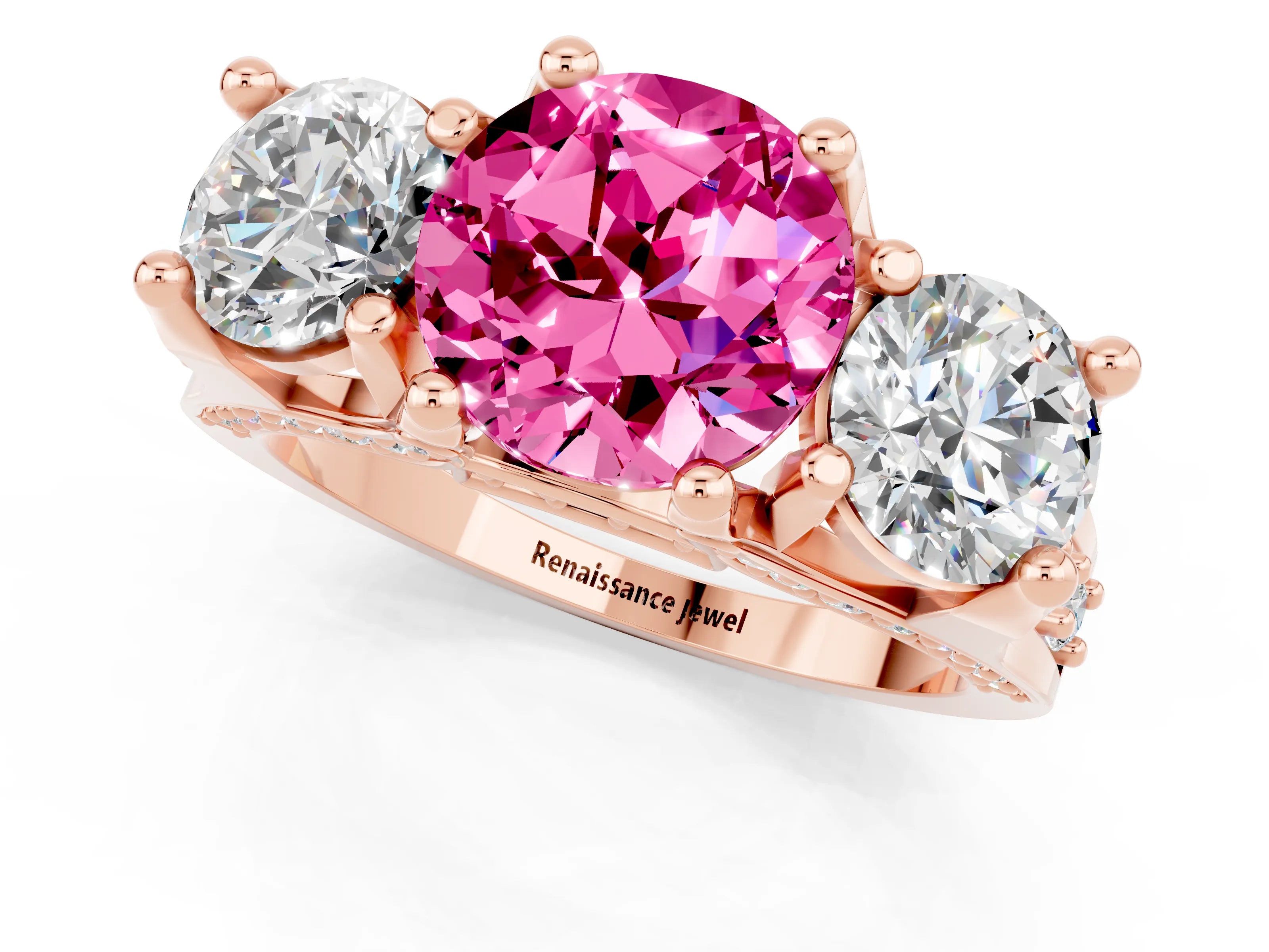 Rose gold Round Cut Pink Sapphire Three-Stone Ring with Channel Set Band and Four-Prong Setting_1