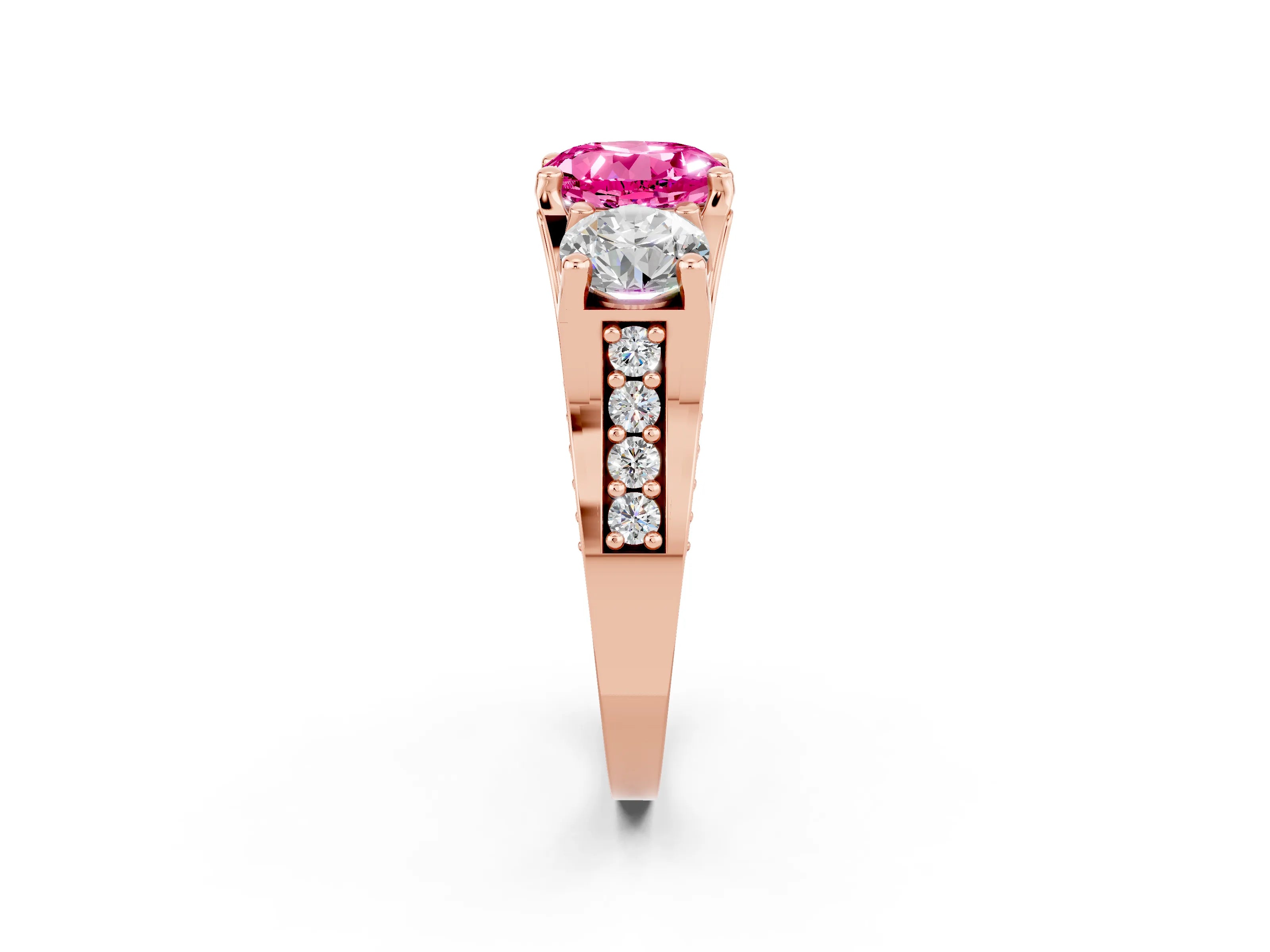 Rose gold Round Cut Pink Sapphire Three-Stone Ring with Channel Set Band and Four-Prong Setting_2