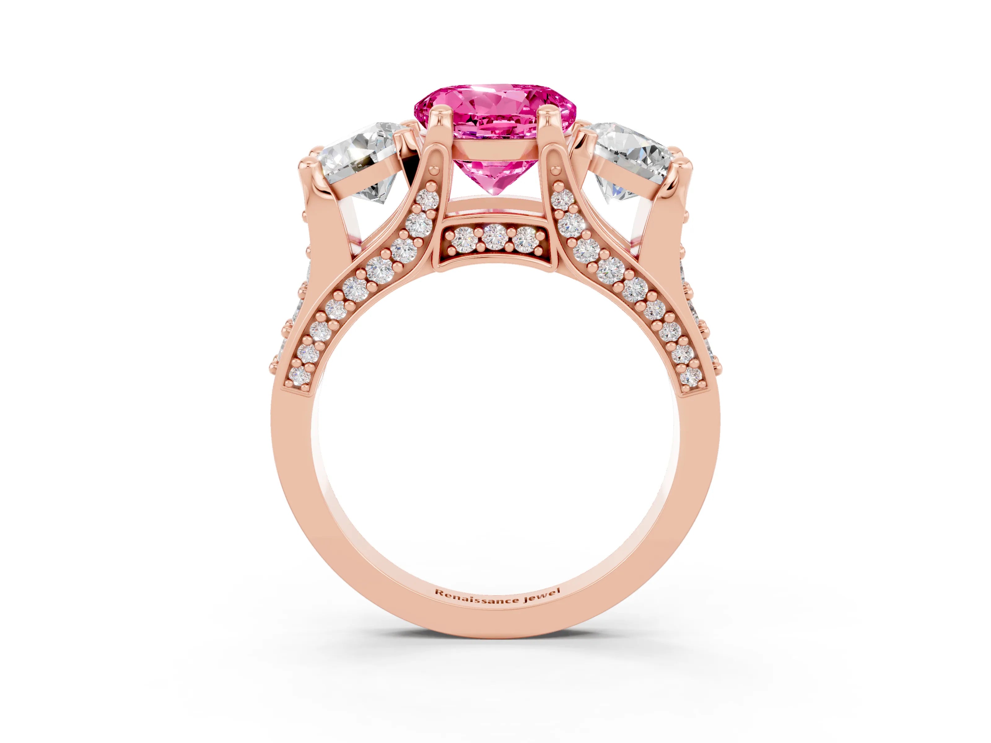 Rose gold Round Cut Pink Sapphire Three-Stone Ring with Channel Set Band and Four-Prong Setting_3