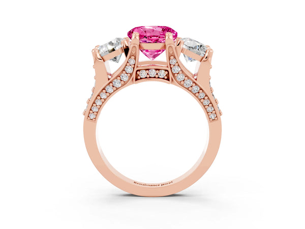 Rose gold Round Cut Pink Sapphire Three-Stone Ring with Channel Set Band and Four-Prong Setting