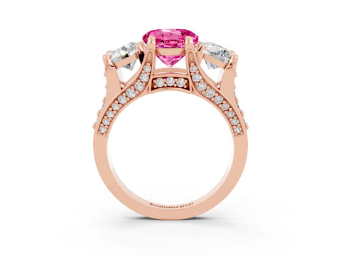 Rose gold Round Cut Pink Sapphire Three-Stone Ring with Channel Set Band and Four-Prong Setting_3