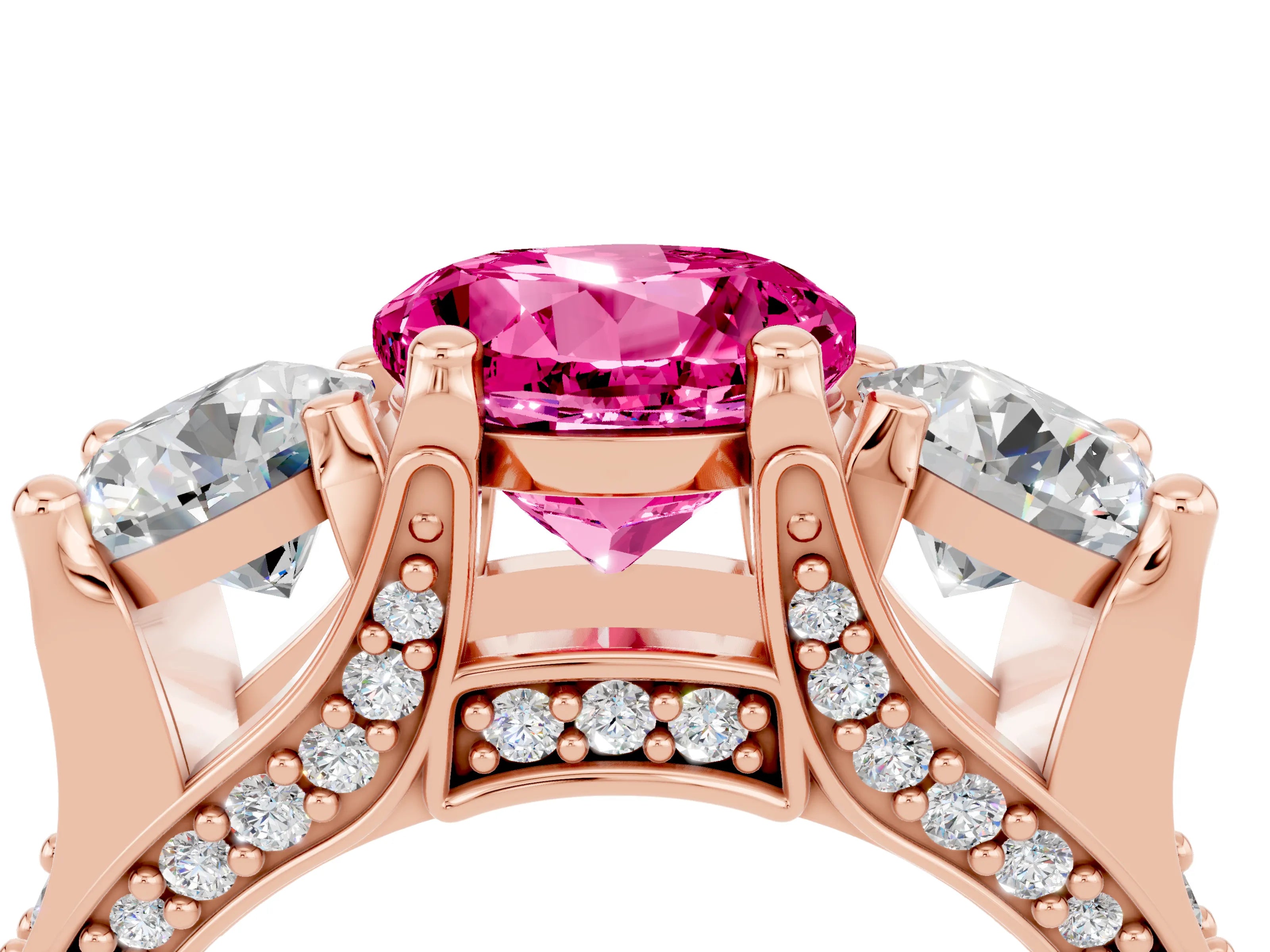 Rose gold Round Cut Pink Sapphire Three-Stone Ring with Channel Set Band and Four-Prong Setting_4