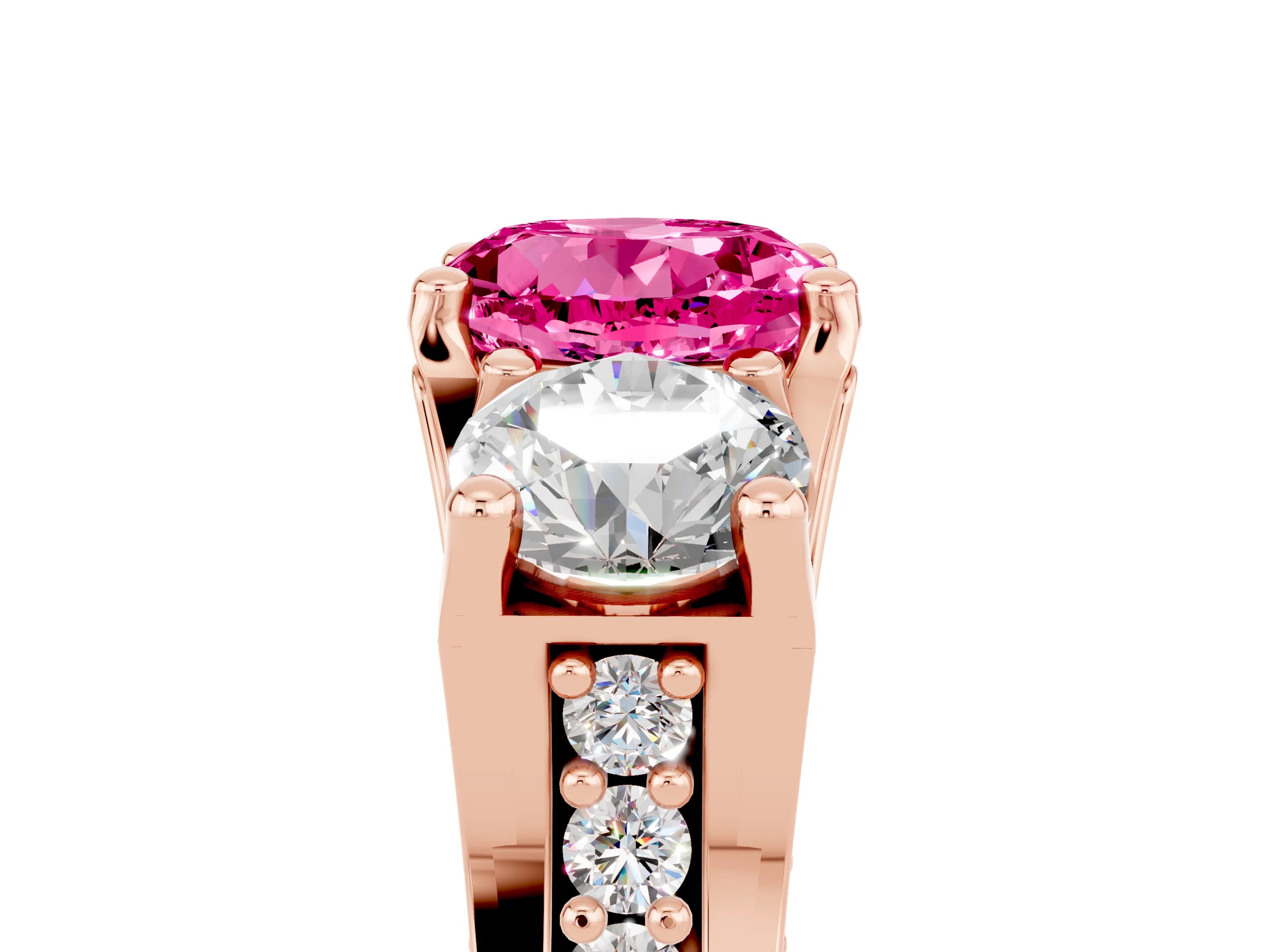 Rose gold Round Cut Pink Sapphire Three-Stone Ring with Channel Set Band and Four-Prong Setting_5