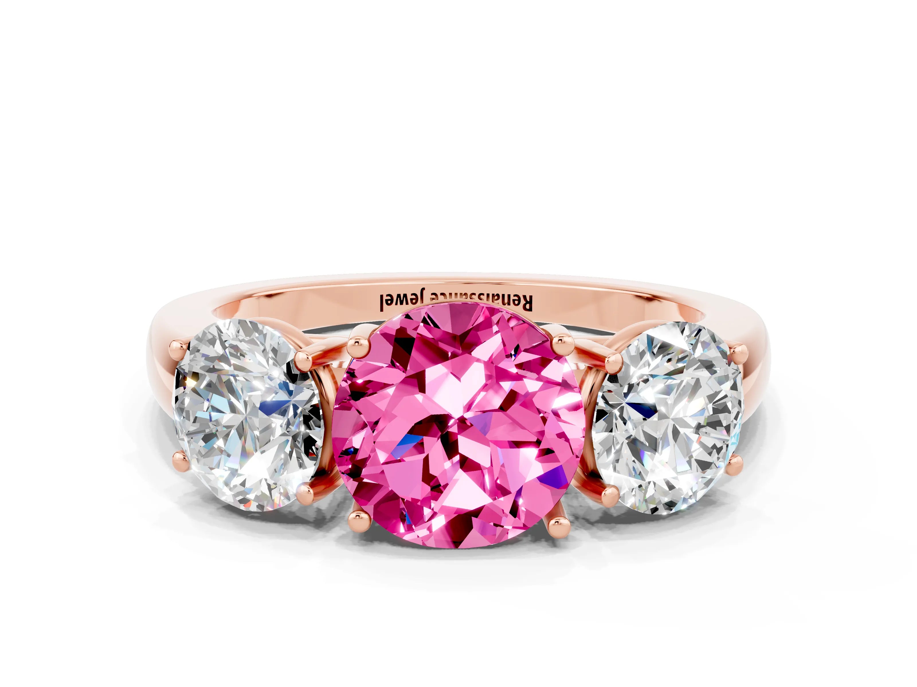 Rose gold Round Cut Pink Sapphire Three-Stone Ring with Four-Prong Setting and Classic Band