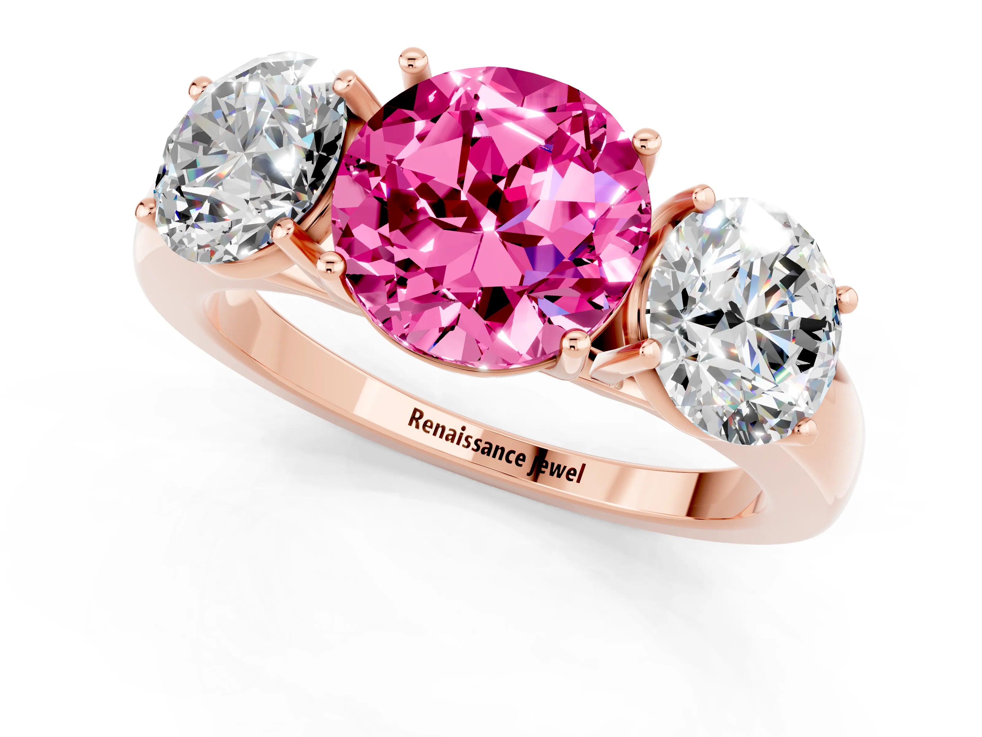 Rose gold Round Cut Pink Sapphire Three-Stone Ring with Four-Prong Setting and Classic Band_1