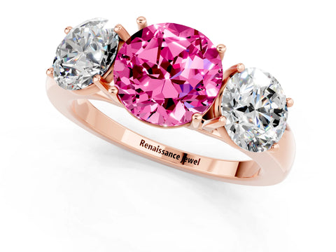 Rose gold Round Cut Pink Sapphire Three-Stone Ring with Four-Prong Setting and Classic Band_1
