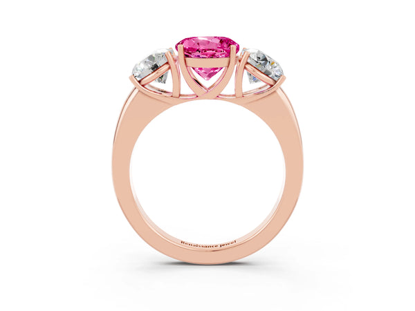 Rose gold Round Cut Pink Sapphire Three-Stone Ring with Four-Prong Setting and Classic Band