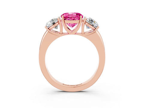 Rose gold Round Cut Pink Sapphire Three-Stone Ring with Four-Prong Setting and Classic Band_3
