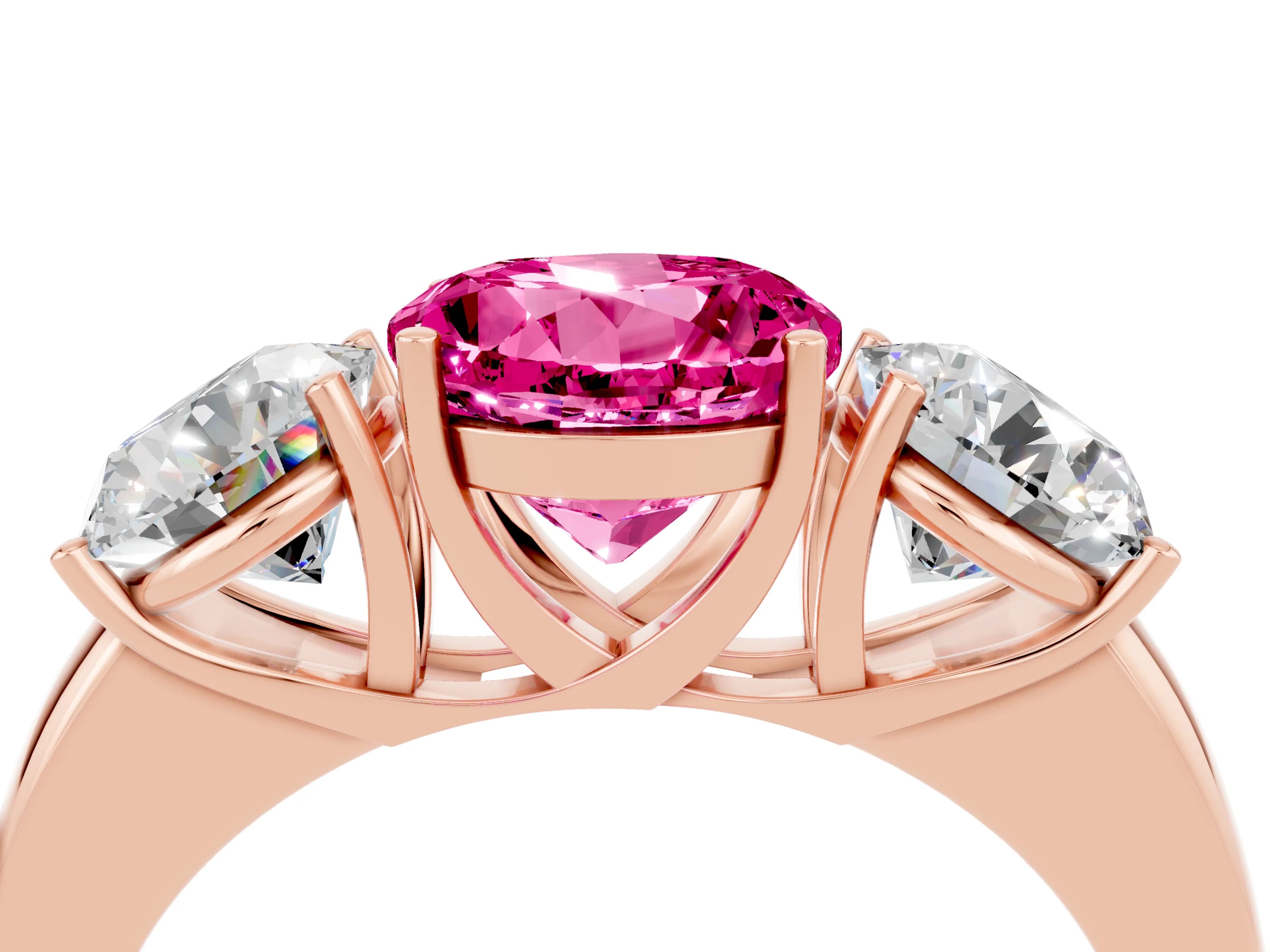 Rose gold Round Cut Pink Sapphire Three-Stone Ring with Four-Prong Setting and Classic Band_4