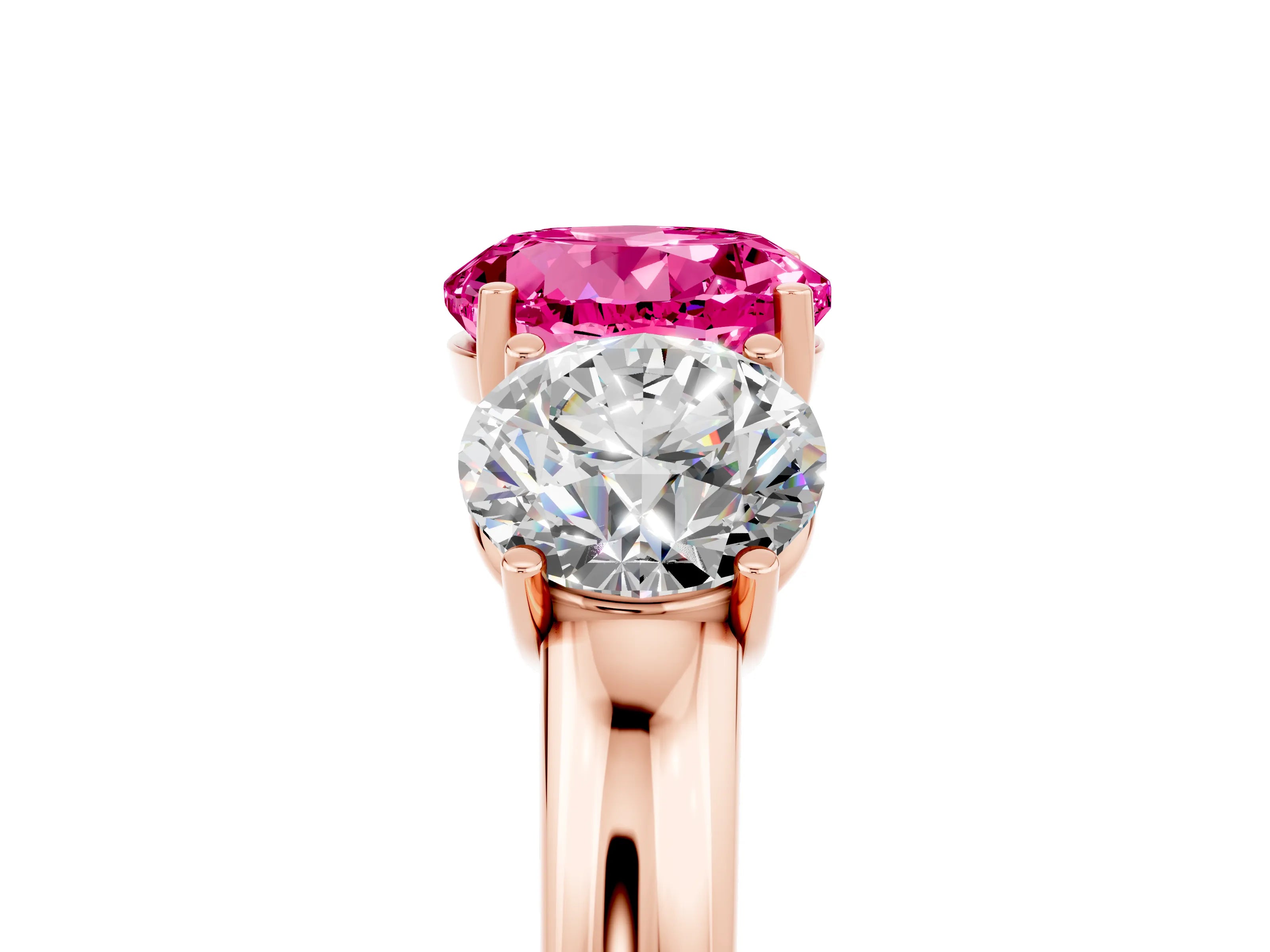 Rose gold Round Cut Pink Sapphire Three-Stone Ring with Four-Prong Setting and Classic Band_5