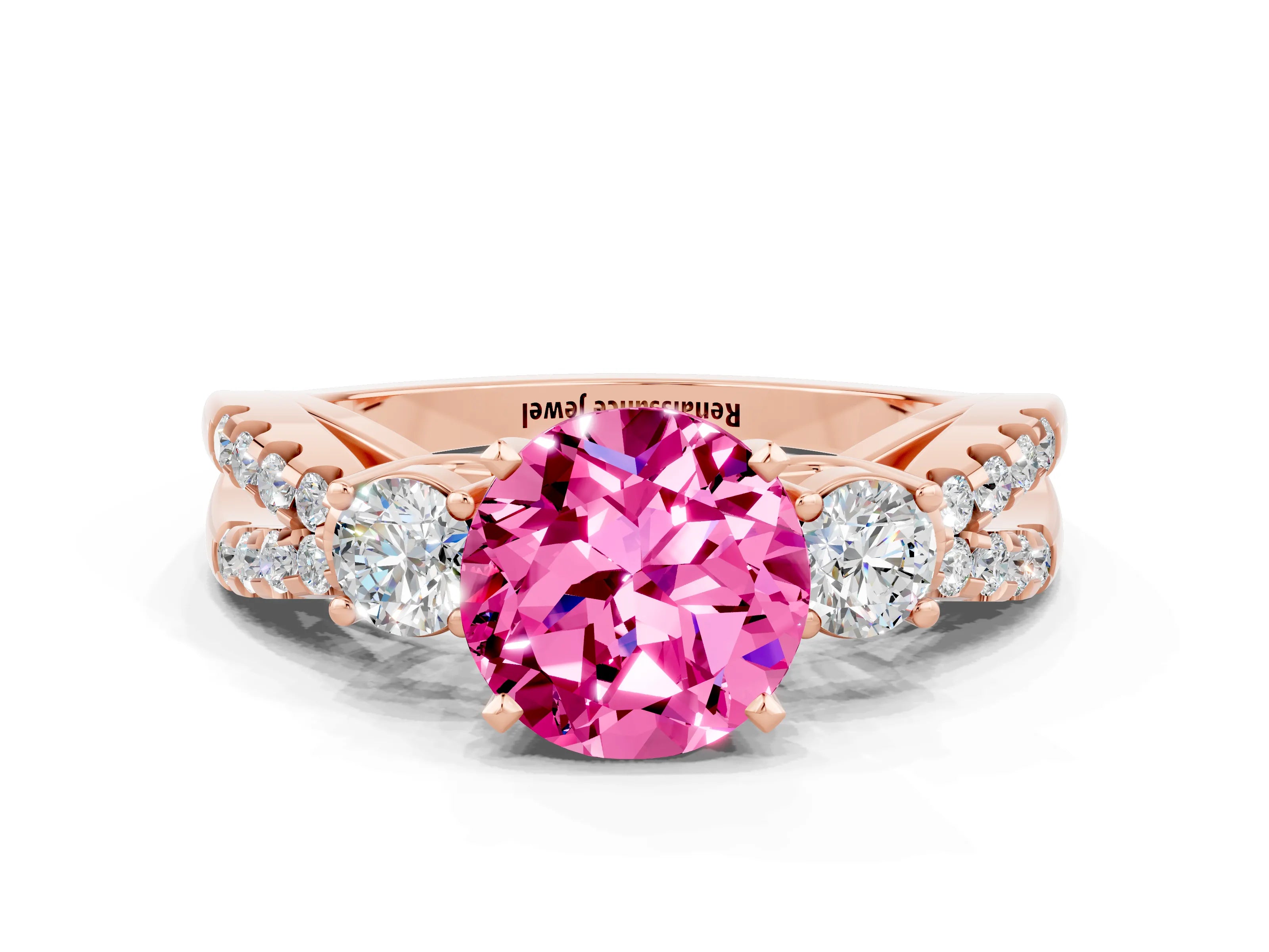 Rose gold Round Cut Pink Sapphire Three-Stone Ring with Pavé Split Shank and Four-Prong Setting_24