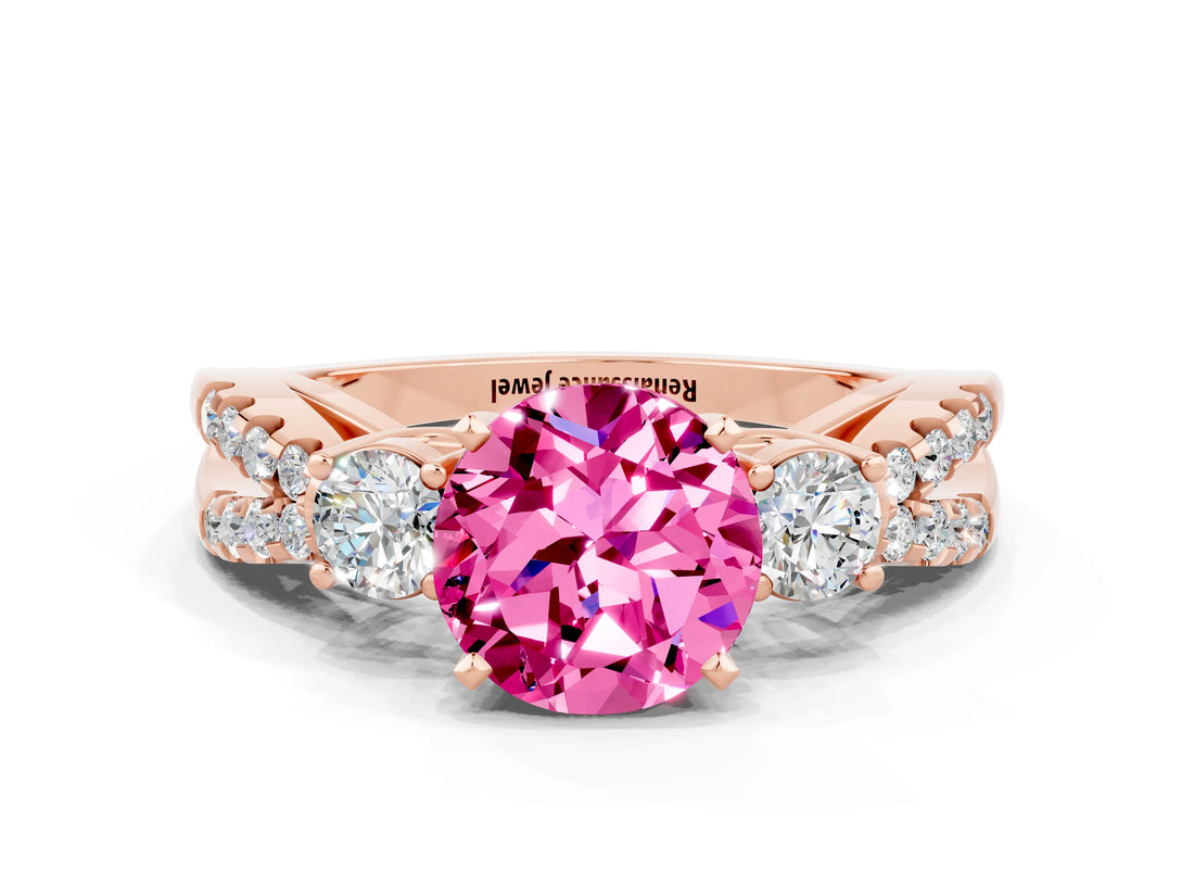 Rose gold Round Cut Pink Sapphire Three-Stone Ring with Pavé Split Shank and Four-Prong Setting_24