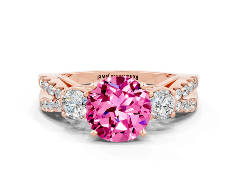 Rose gold Round Cut Pink Sapphire Three-Stone Ring with Pavé Split Shank and Four-Prong Setting_24