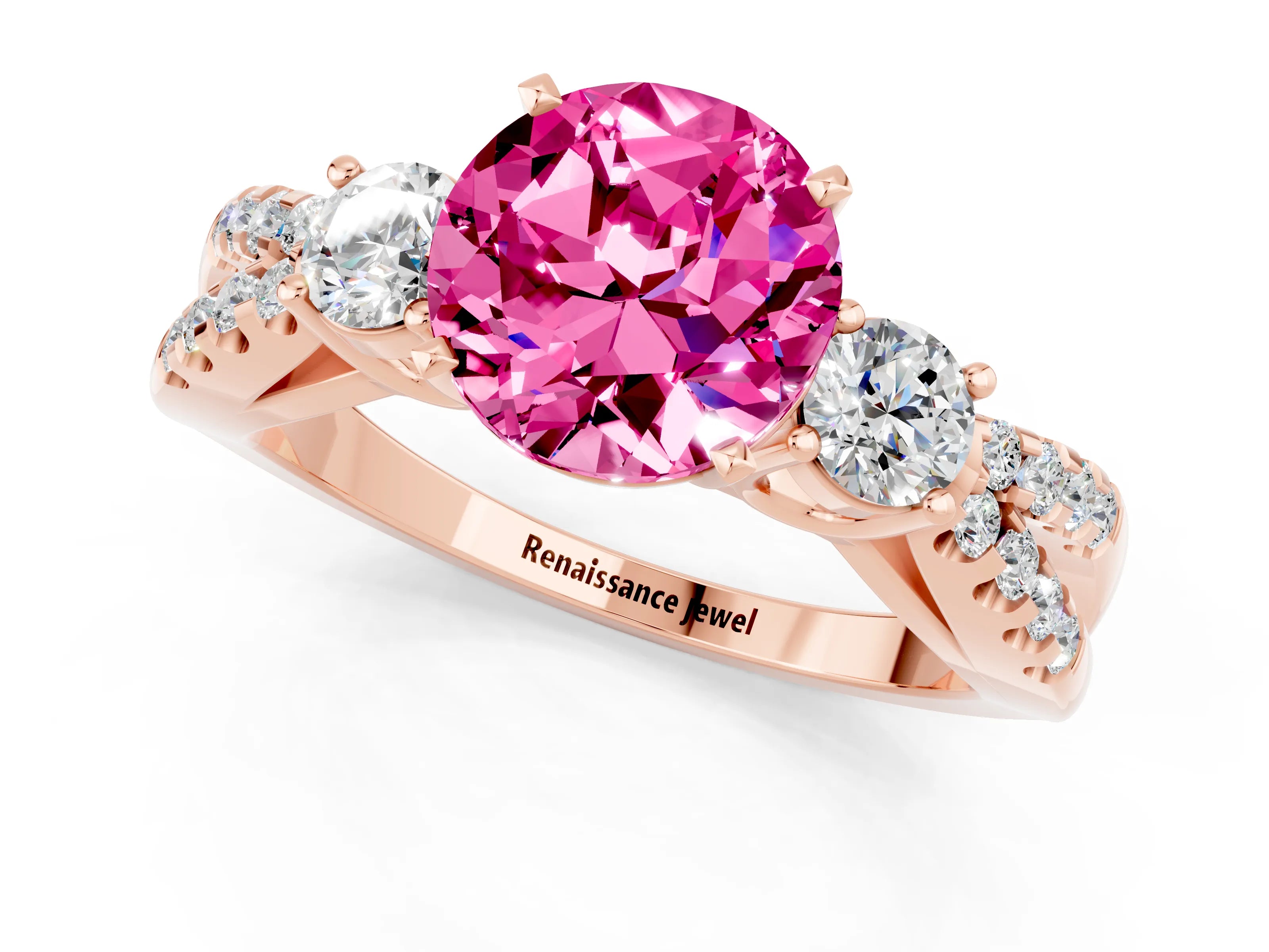 Rose gold Round Cut Pink Sapphire Three-Stone Ring with Pavé Split Shank and Four-Prong Setting_25