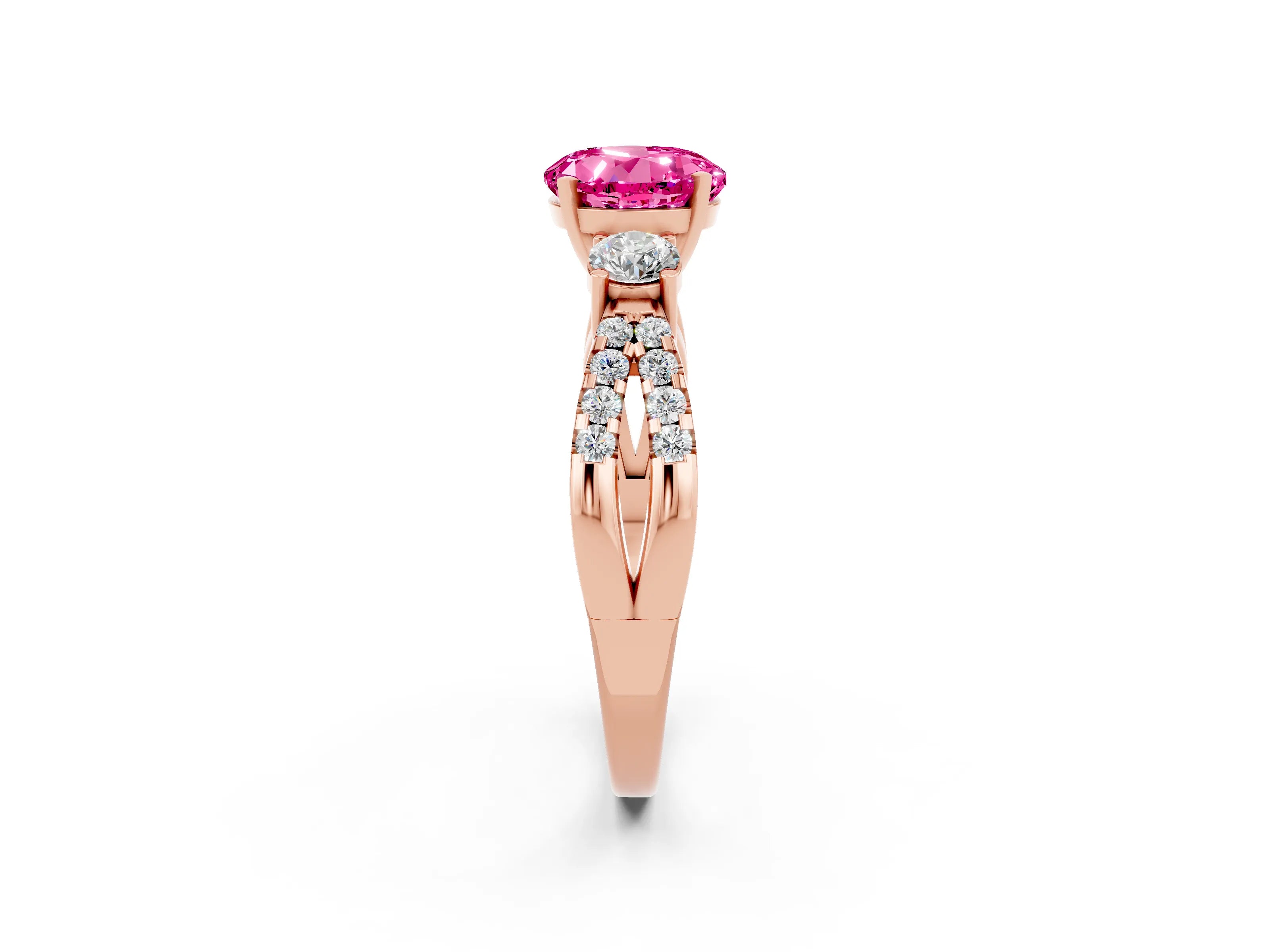 Rose gold Round Cut Pink Sapphire Three-Stone Ring with Pavé Split Shank and Four-Prong Setting_26