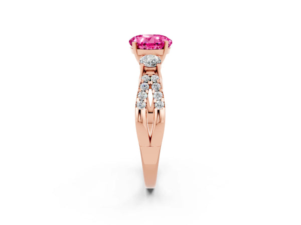 Rose gold Round Cut Pink Sapphire Three-Stone Ring with Pavé Split Shank and Four-Prong Setting