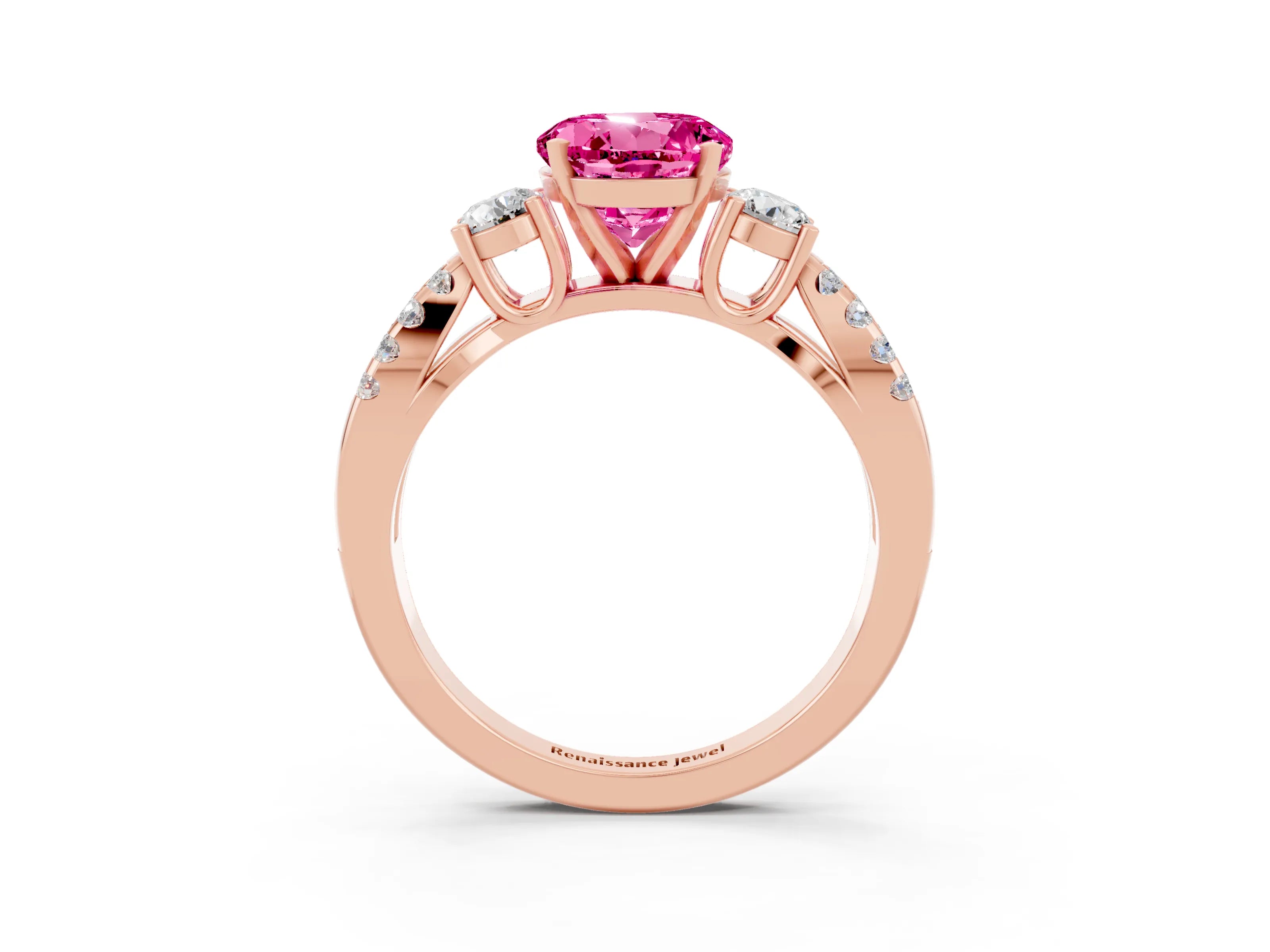 Rose gold Round Cut Pink Sapphire Three-Stone Ring with Pavé Split Shank and Four-Prong Setting_27