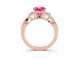 Rose gold Round Cut Pink Sapphire Three-Stone Ring with Pavé Split Shank and Four-Prong Setting_27