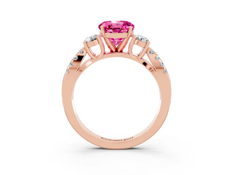 Rose gold Round Cut Pink Sapphire Three-Stone Ring with Pavé Split Shank and Four-Prong Setting_27