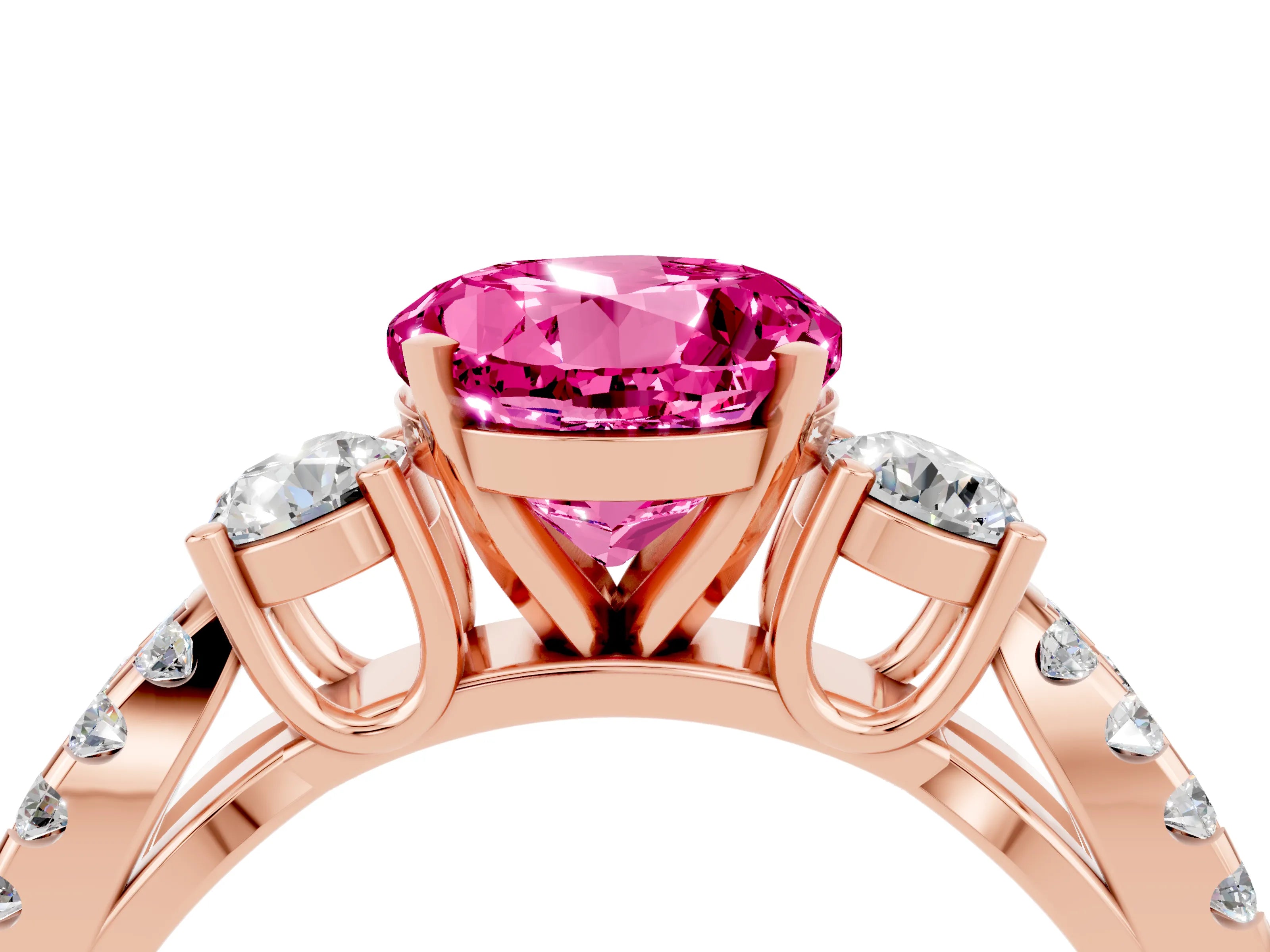 Rose gold Round Cut Pink Sapphire Three-Stone Ring with Pavé Split Shank and Four-Prong Setting_28