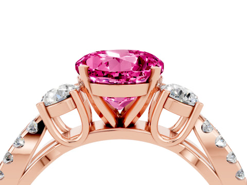 Rose gold Round Cut Pink Sapphire Three-Stone Ring with Pavé Split Shank and Four-Prong Setting_28