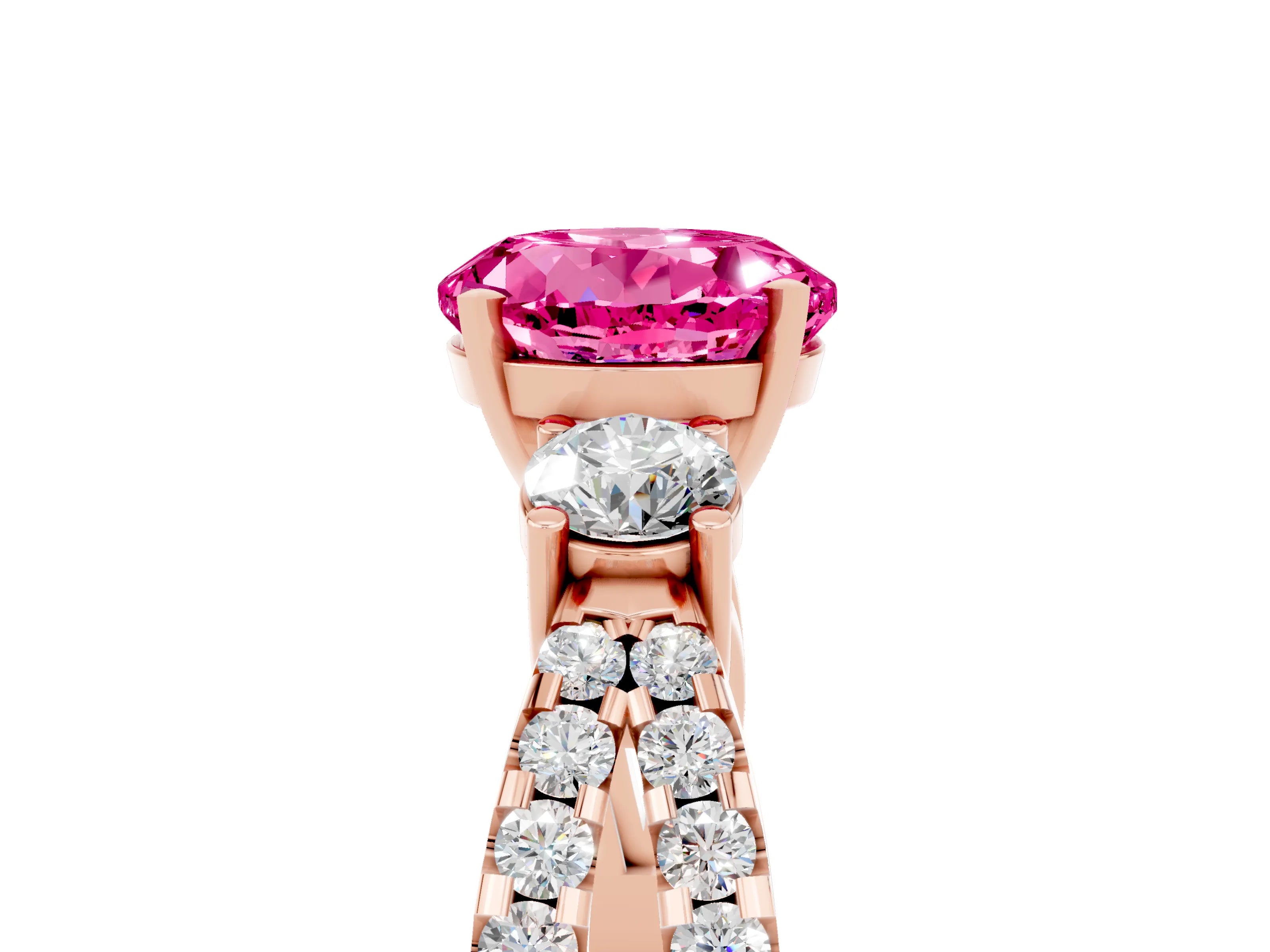 Rose gold Round Cut Pink Sapphire Three-Stone Ring with Pavé Split Shank and Four-Prong Setting_29