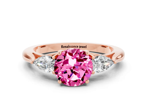 Rose gold Round Cut Pink Sapphire Three-Stone Ring with Pear Side Stones and Four-Prong Setting_12