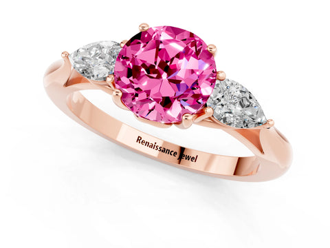 Rose gold Round Cut Pink Sapphire Three-Stone Ring with Pear Side Stones and Four-Prong Setting_13