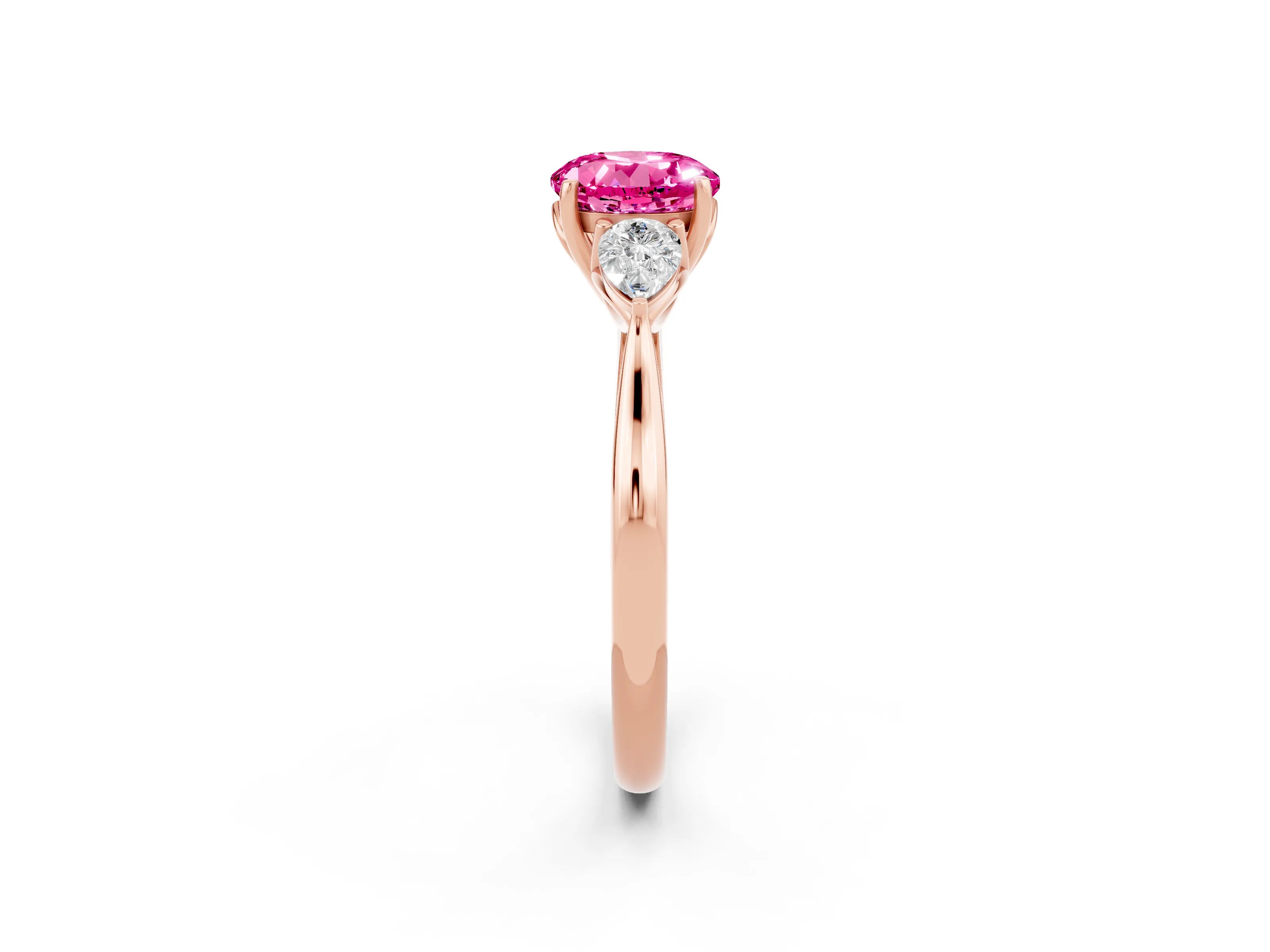 Rose gold Round Cut Pink Sapphire Three-Stone Ring with Pear Side Stones and Four-Prong Setting_14