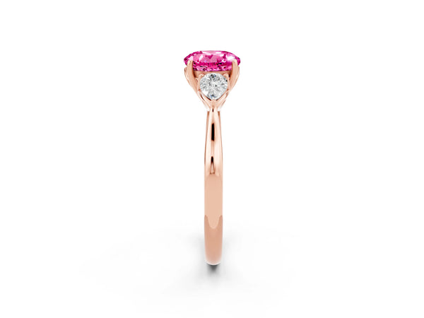 Rose gold Round Cut Pink Sapphire Three-Stone Ring with Pear  Side Stones and Prong Setting