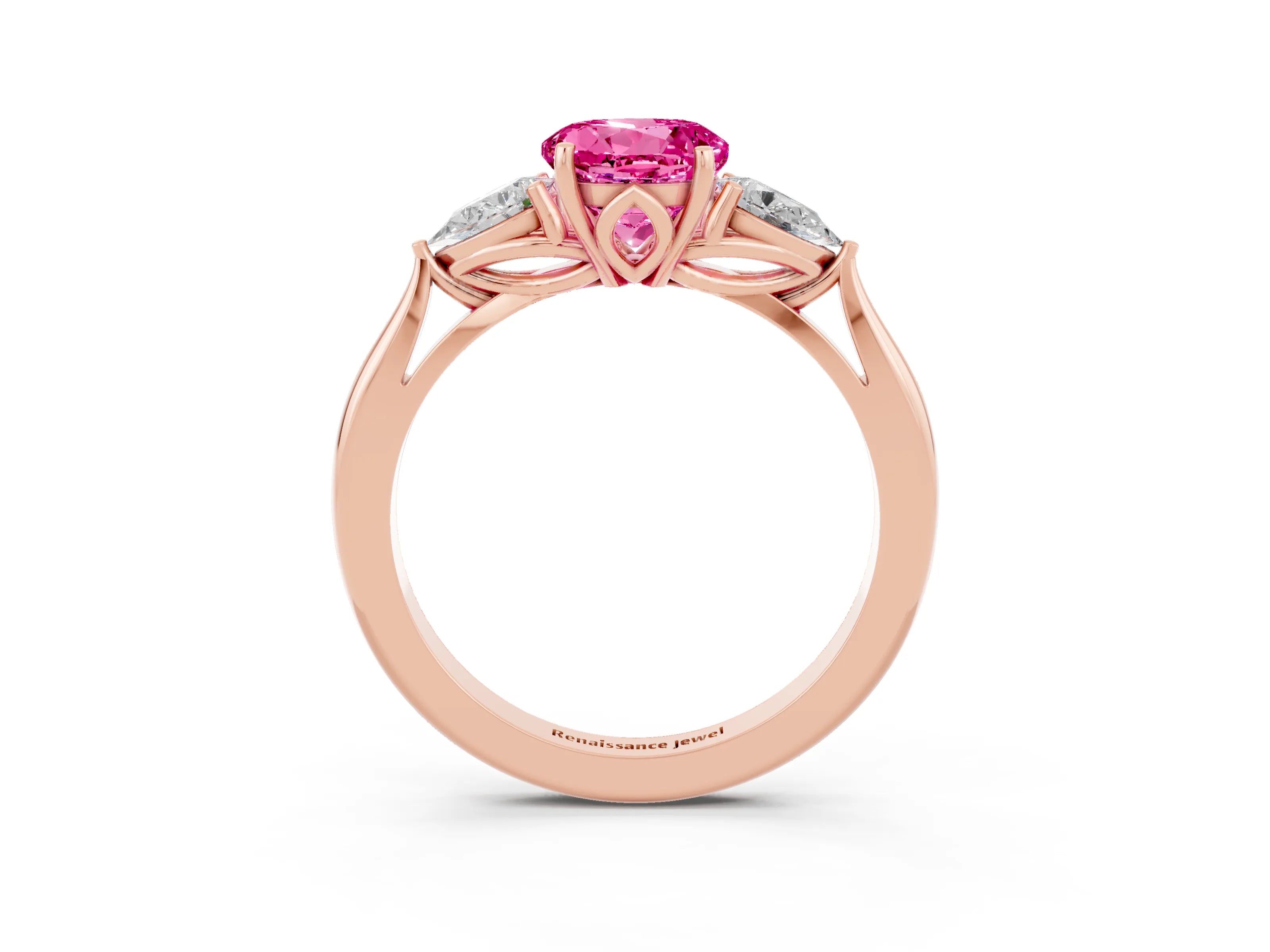 Rose gold Round Cut Pink Sapphire Three-Stone Ring with Pear Side Stones and Four-Prong Setting_15