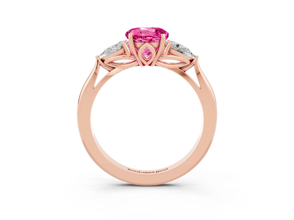 Rose gold Round Cut Pink Sapphire Three-Stone Ring with Pear  Side Stones and Prong Setting